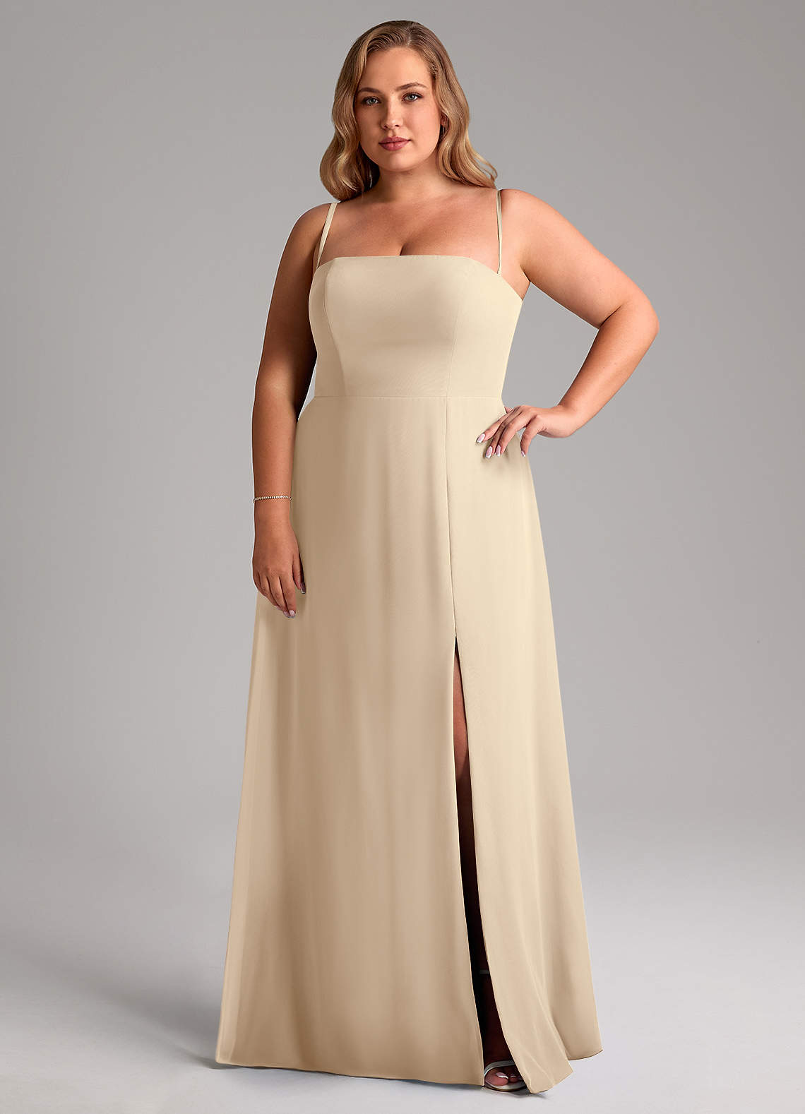 Azazie Wren Abiti da Damigella Abito Convertibile A-Line in Chiffon Spacco Laterale Champagne image13