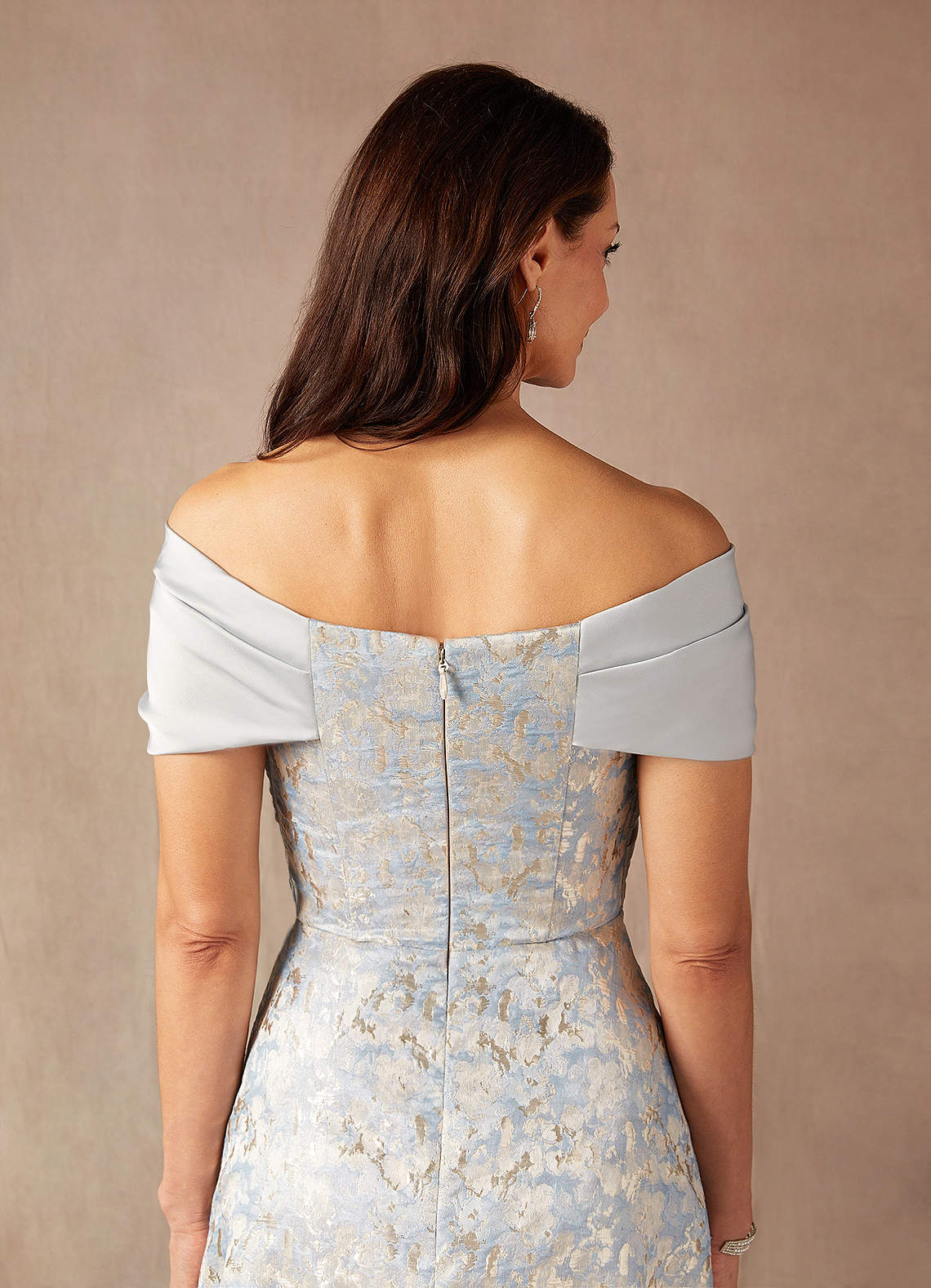 Azazie Amelia Mother of the Bride Dresses Dusty Blue A-Line Off the Shoulder Jacquard Dress image8