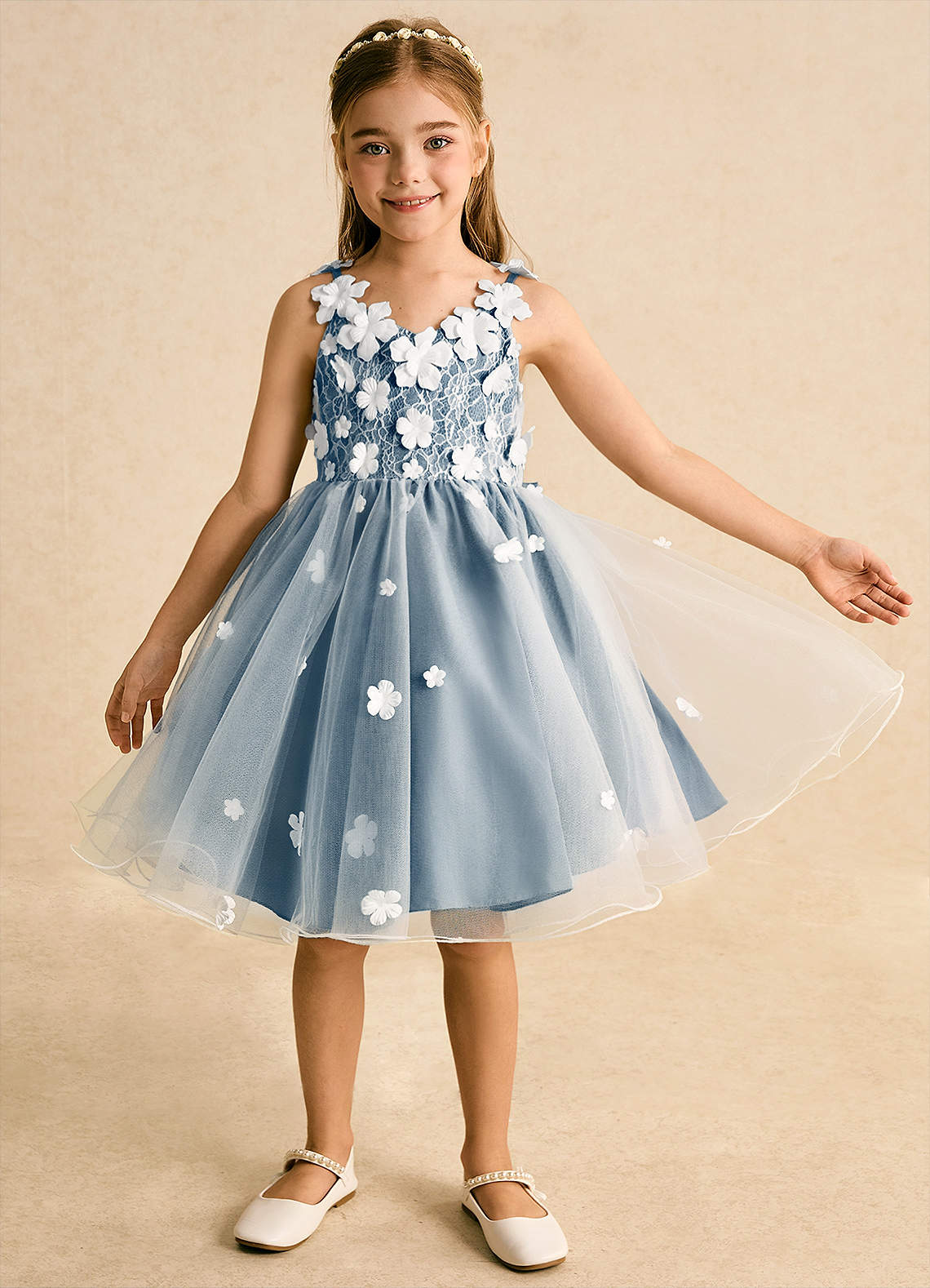 Azazie Junebug Blumenmädchenkleider Ballkleid Spitze Tüll Kleid Elfenbein Bermudablau image7