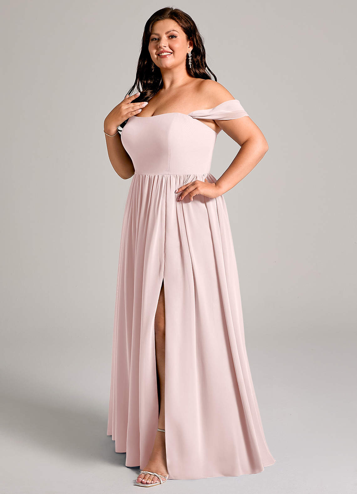 Azazie Calianna Bridesmaid Dresses Blushing Pink A-Line Off the Shoulder Chiffon Convertible Dress image1