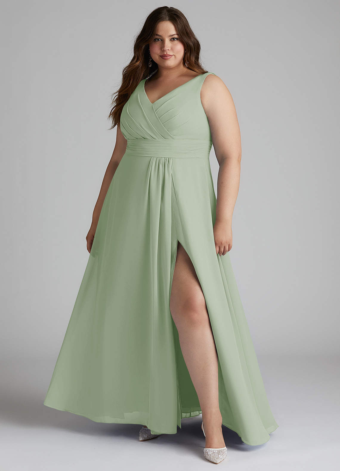 Azazie Karina Bridesmaid Dresses Dusty Sage A-Line Pleated Chiffon Dress image1