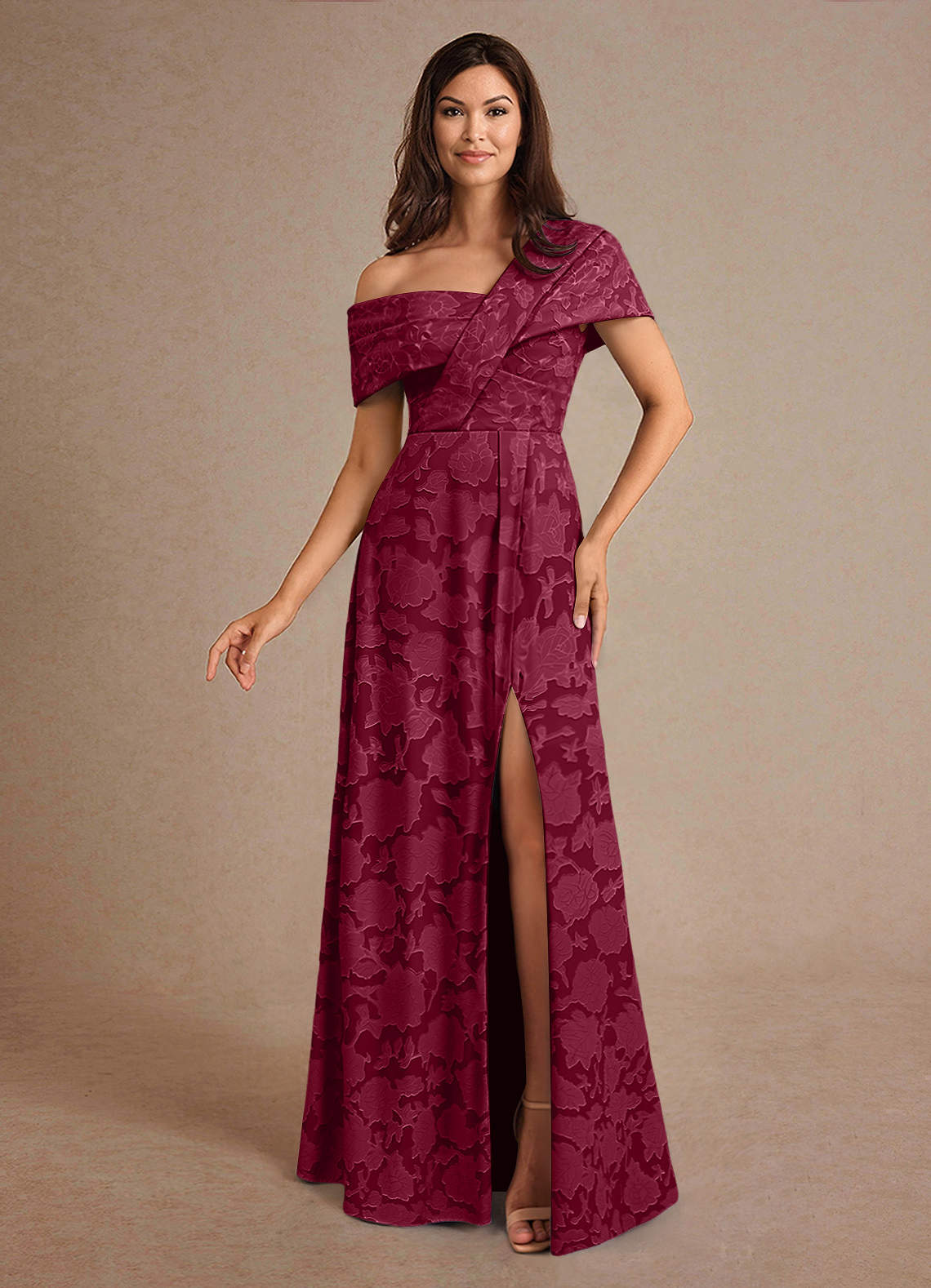 Azazie Milton vestidos de madre de la novia Vestido de Borgoña de Devorado Floral de Corte En A con Plisado image1