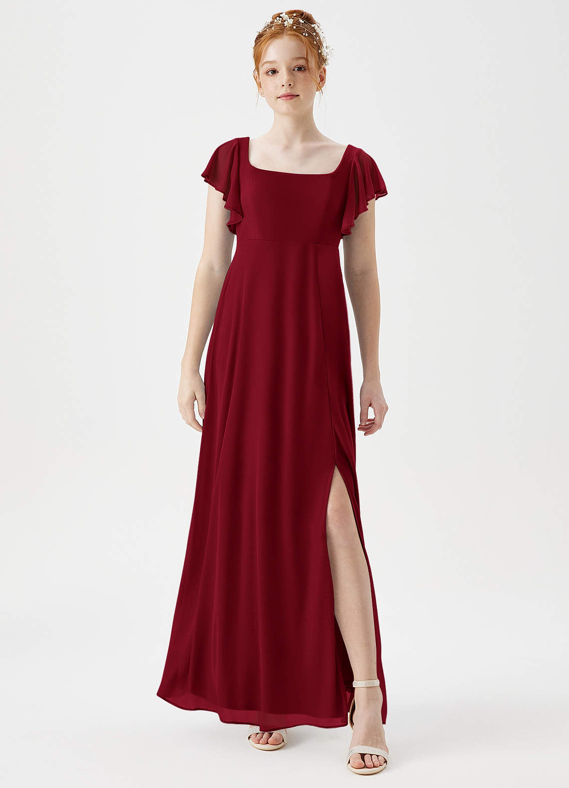 Azazie Bondi Junior Burgundy A-Line Side Slit Mesh Dress image1
