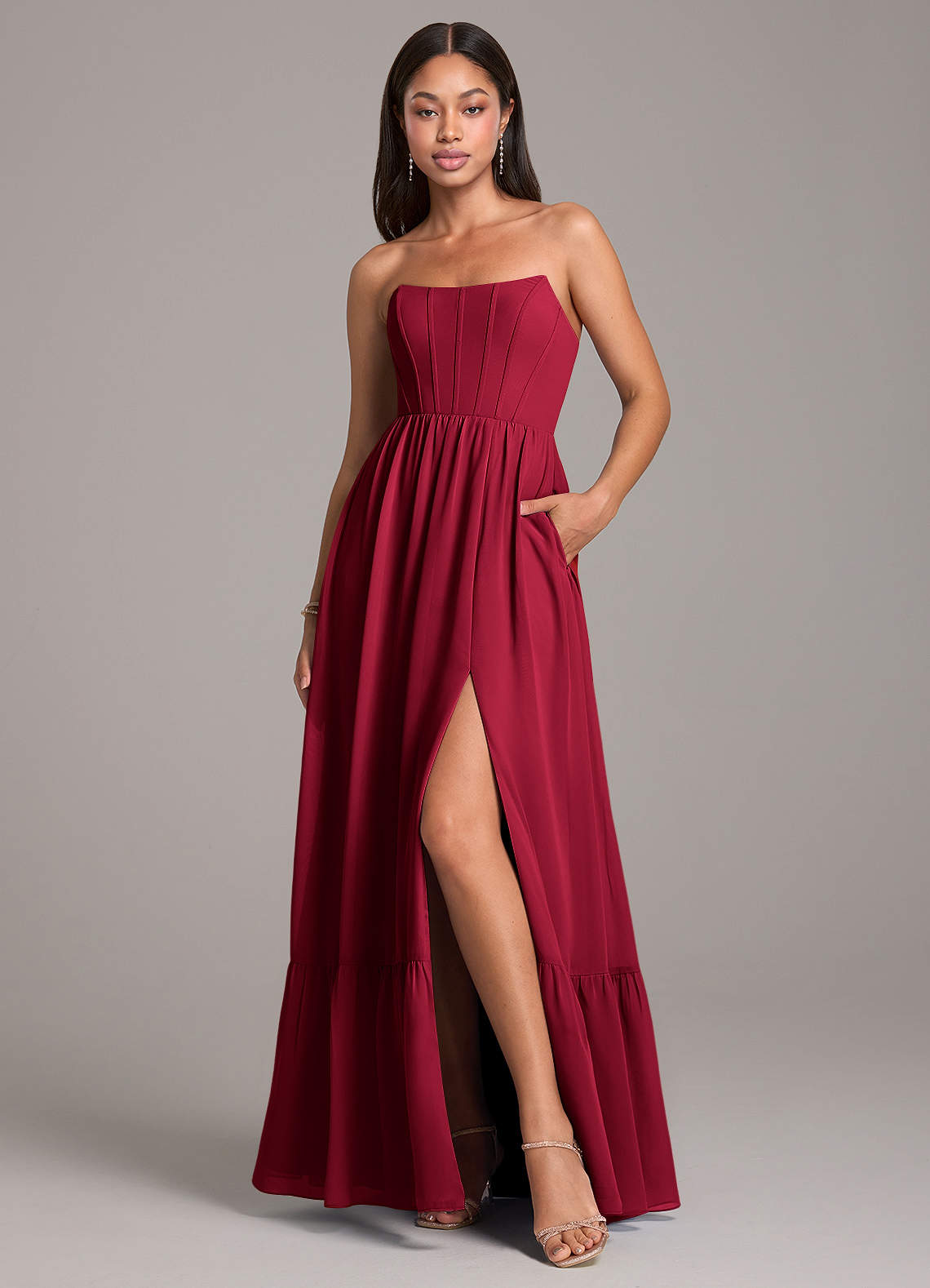 Azazie Kailee Bridesmaid Dresses Burgundy A-Line with Pockets Chiffon Dress image1