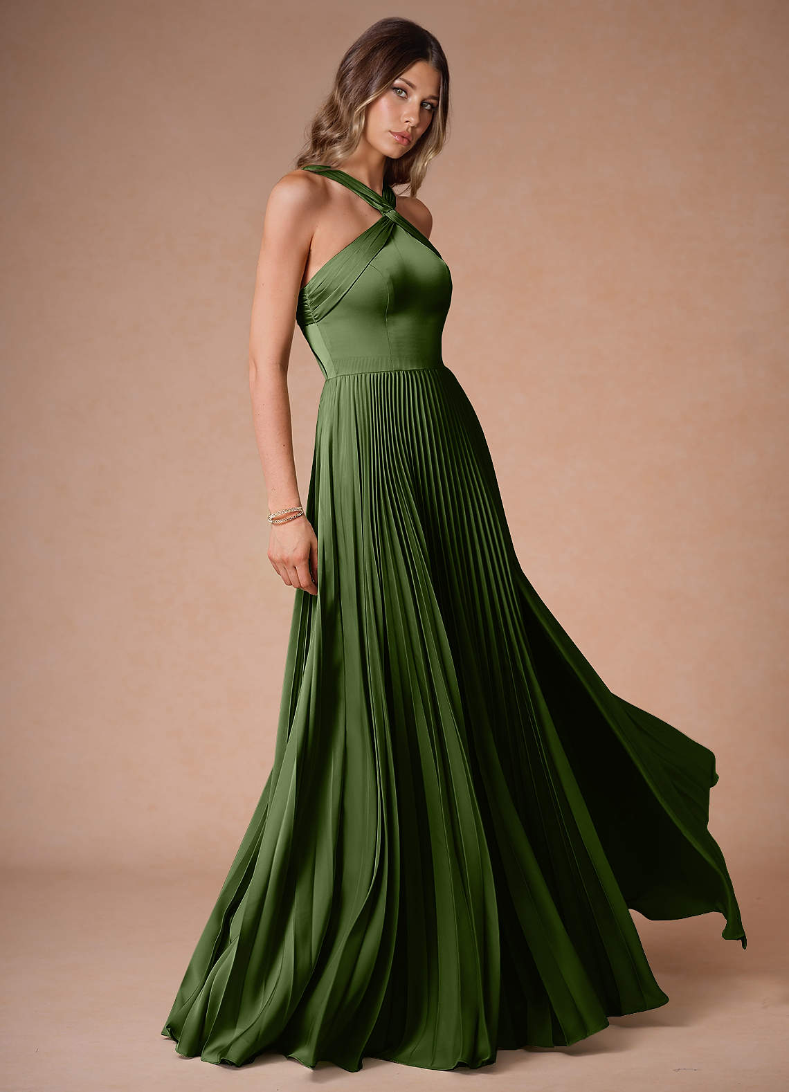 Afra Olive Green A-Line Pleated Stretch Satin Dress Azazie IE