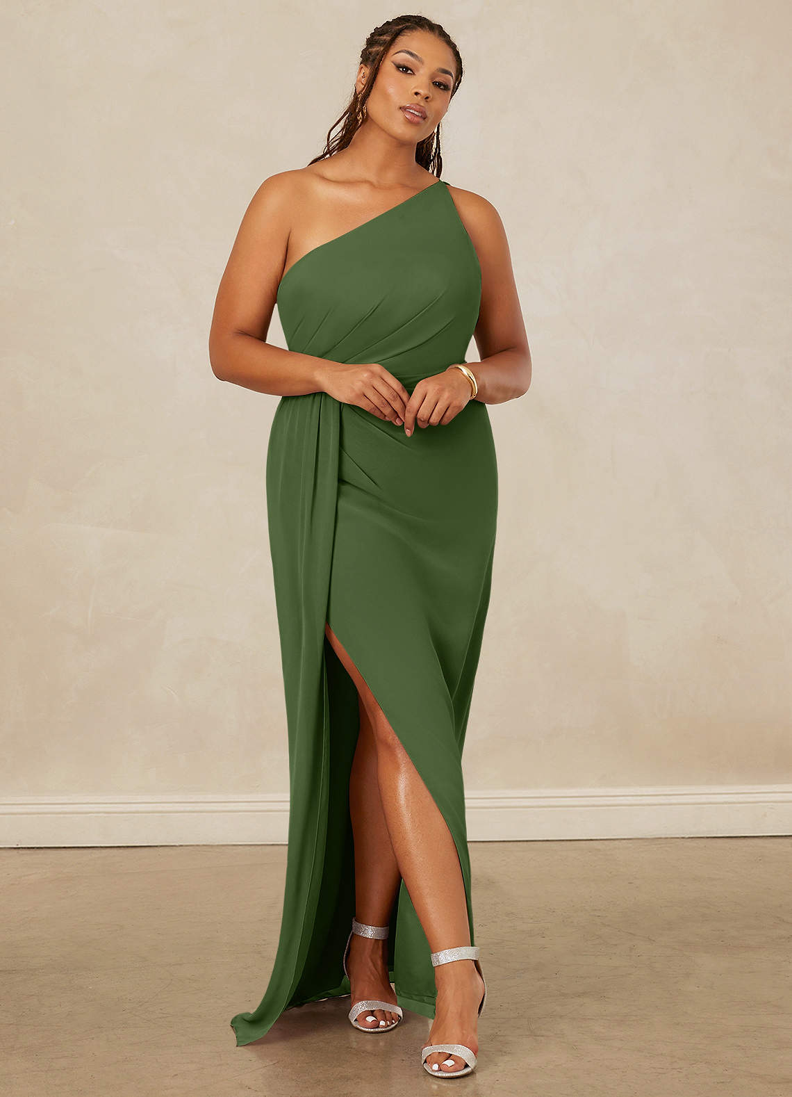 Christian Siriano Bridal for Azazie 1003 Bridesmaid Dresses Olive Sheath One Shoulder Chiffon Dress image1