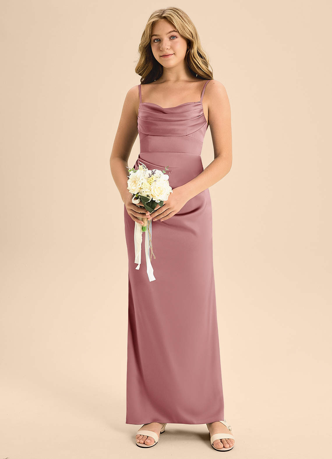 Azazie Mai Junior A-Linie Herzausschnitt Stretch-Satin Kleid Altrosa image3