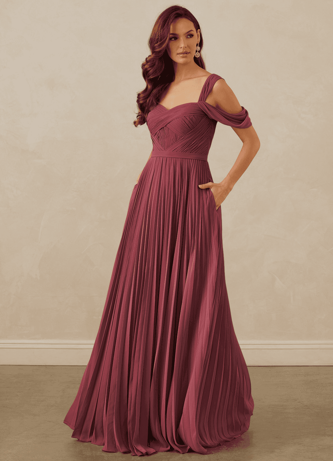 Christian Siriano Bridal for Azazie 1013 Bridesmaid Dresses Merlot A-Line Off the Shoulder Chiffon Dress image1