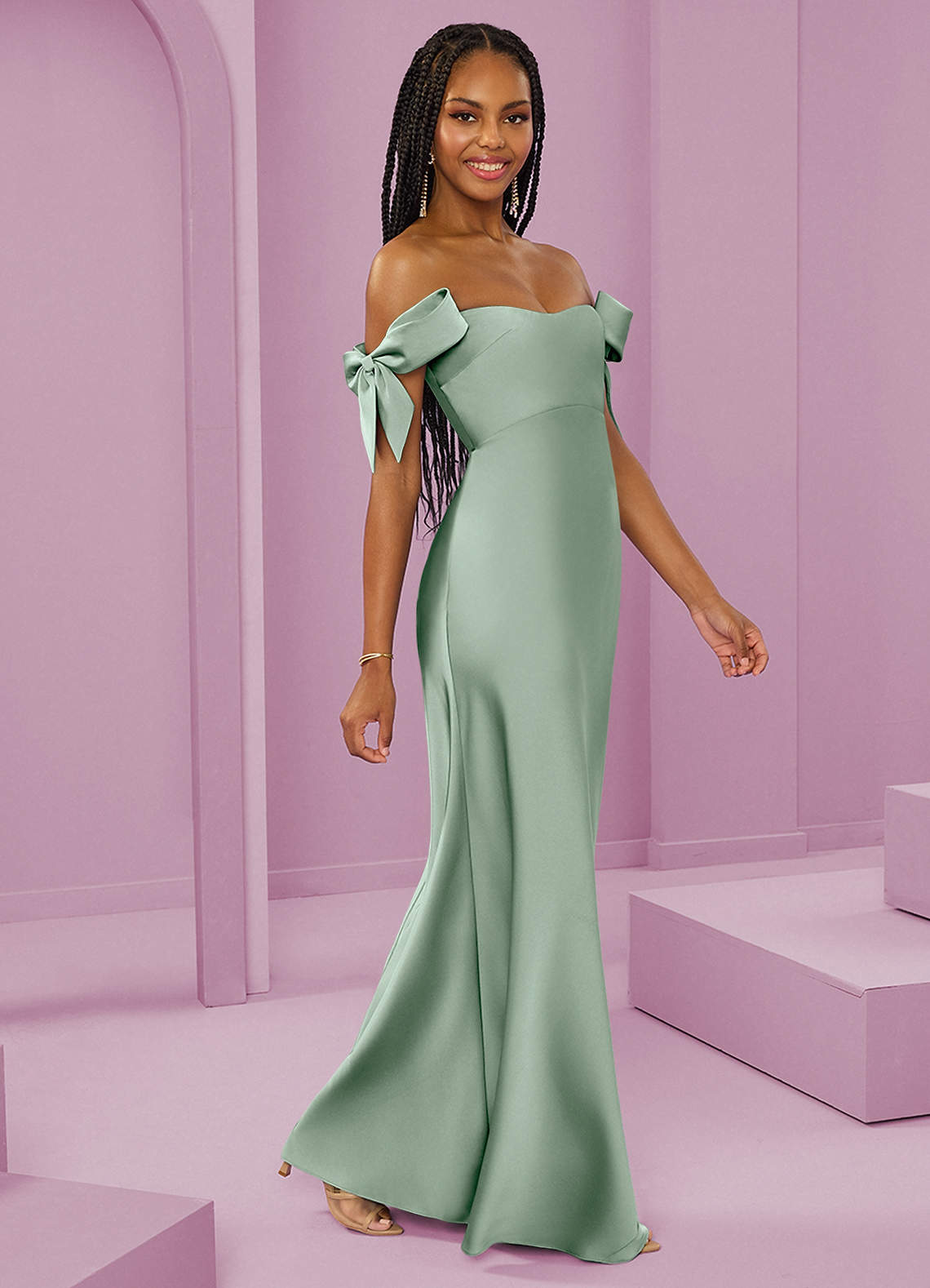 Barbie ♥ Azazie Vestidos de damas de honor Vestido de Agave de Satén Elástico de Corte Recto Convertible con Vestidos sin tirantes image1