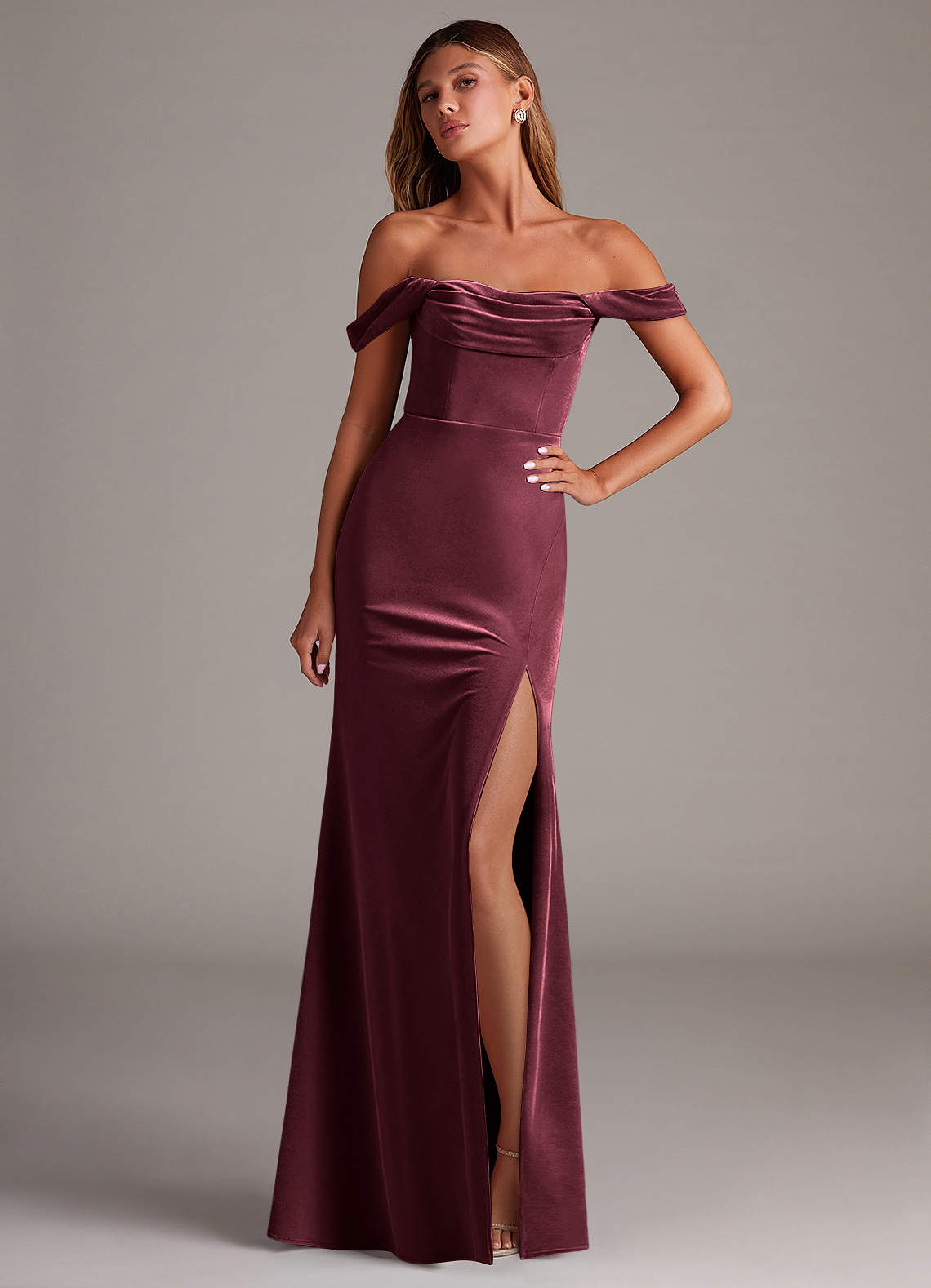 Azazie Saige Bridesmaid Dresses Raspberry Sheath Off the Shoulder Velvet Convertible Dress image1