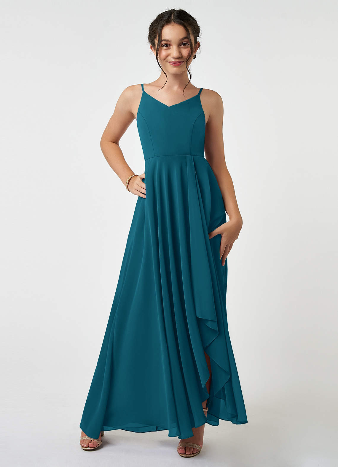 Azazie Collette Junior Ink Blue A-Line Ruched Chiffon Dress image1