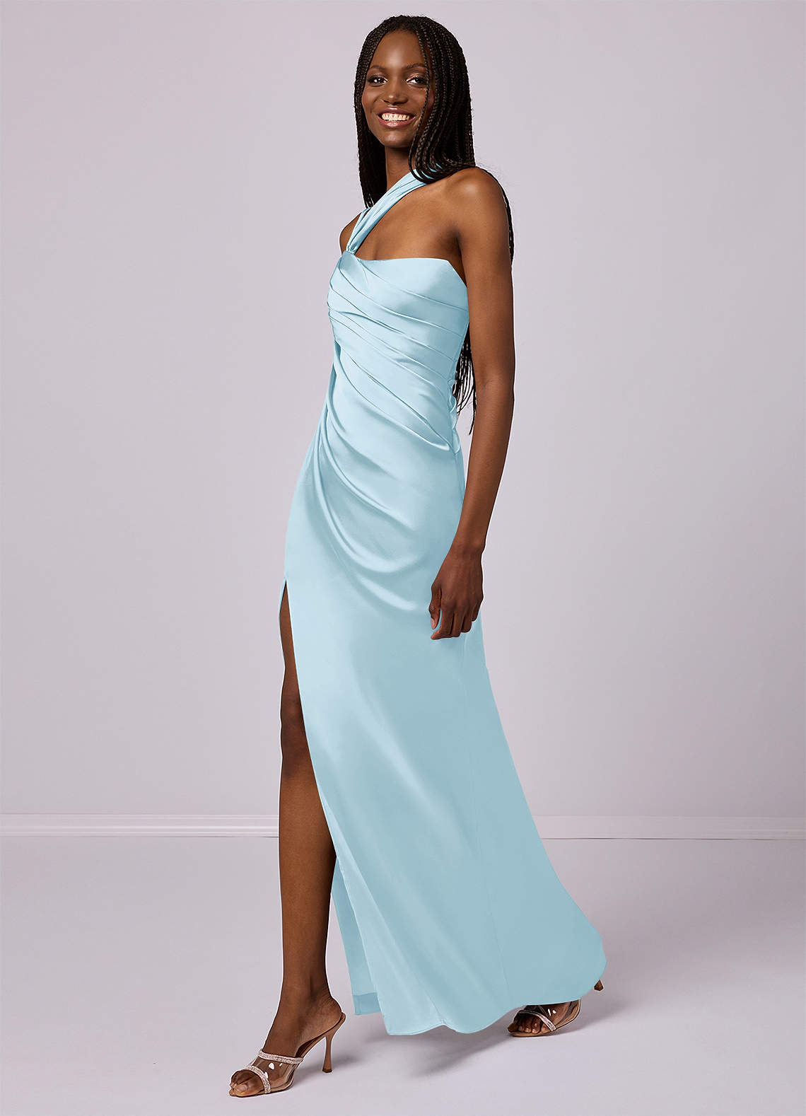 Barbie ♥ Azazie Bridesmaid Dresses Sky Blue Mermaid One Shoulder Stretch Satin Dress image3