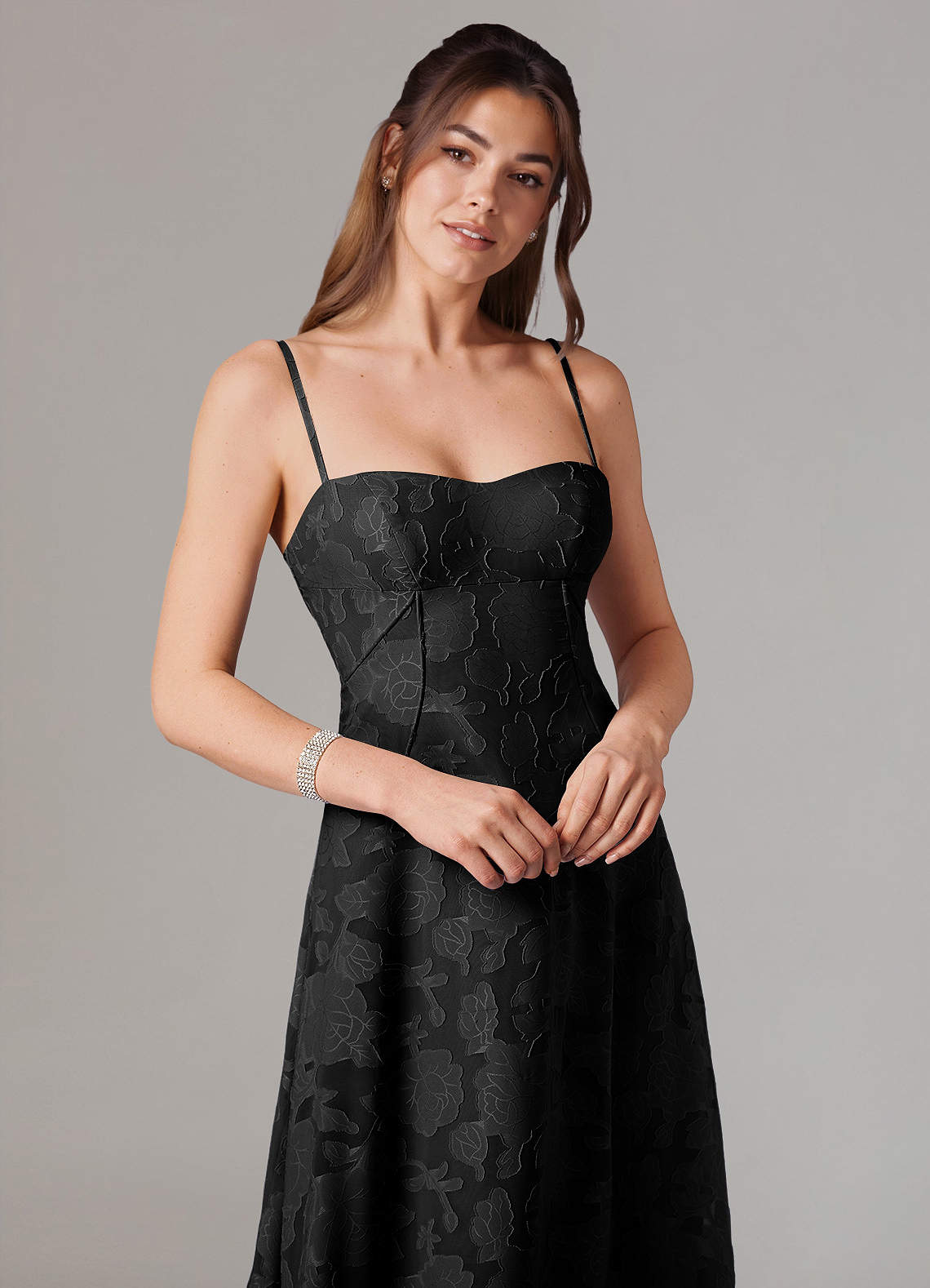 Azazie Valentine Bridesmaid Dresses Black A-Line Sweetheart Neckline Floral Burnout Dress image1