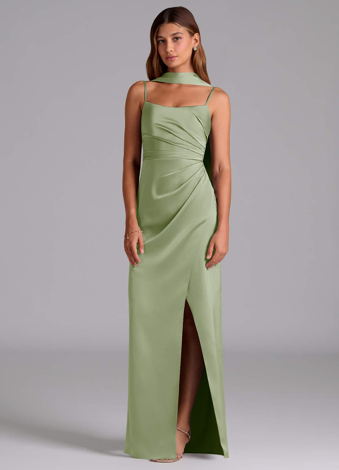 Azazie Calandra Jurken voor bruidsmeisjes Jurk van Stretch Satijn met A-Lijn Geplooid Stoffige Salie image2