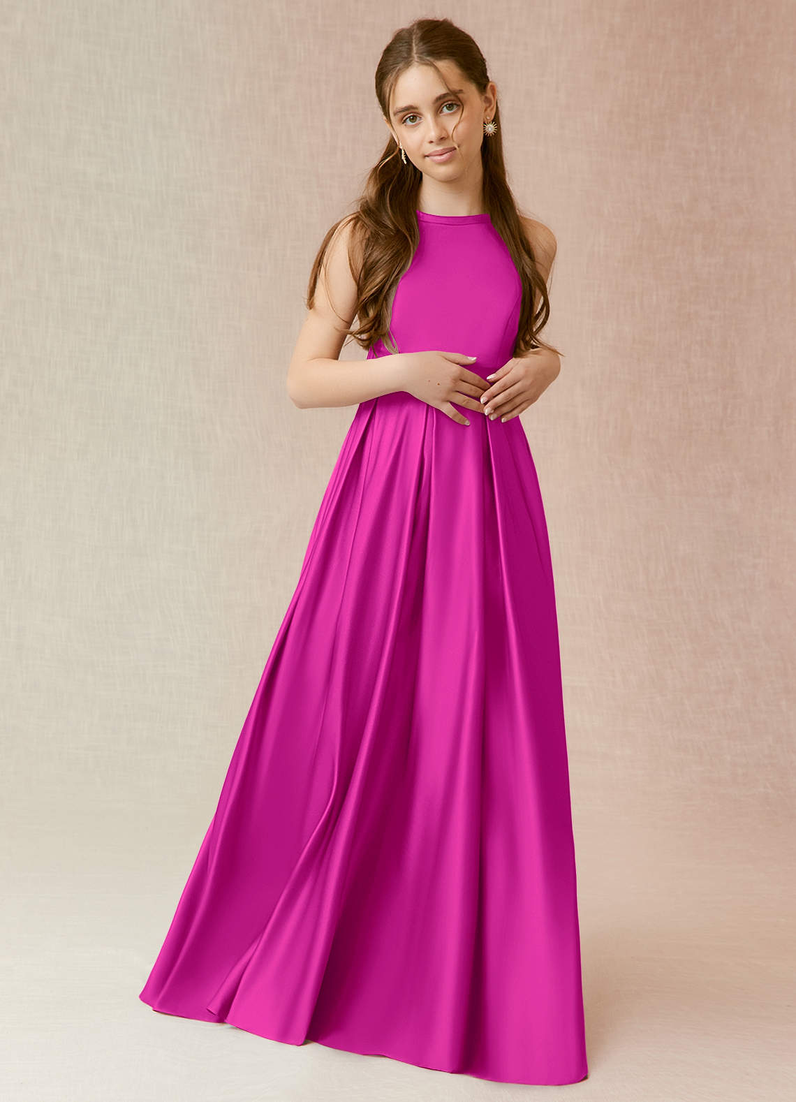 Azazie Arianthe Junior Fuchsia A-Line with Pockets Matte Satin Dress image1
