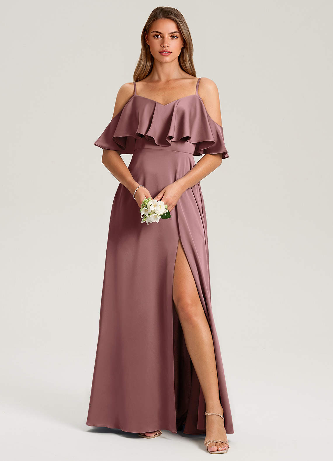 Azazie Jean Bridesmaid Dresses Vintage Mauve A-Line Off the Shoulder Stretch Satin Dress image1