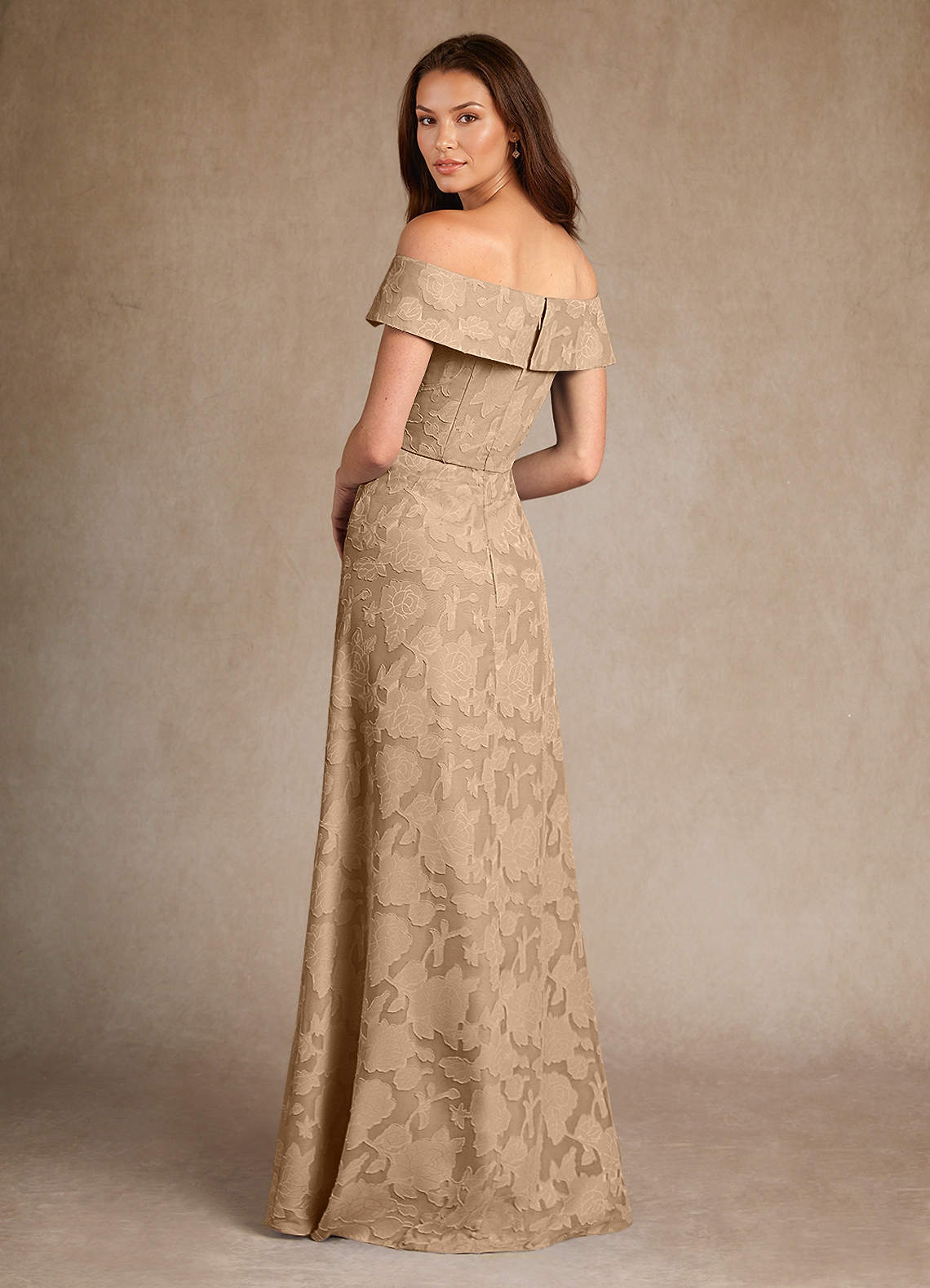 Azazie Medford Mother of the Bride Dresses Champagne A-Line Off the Shoulder Floral Burnout Dress image2