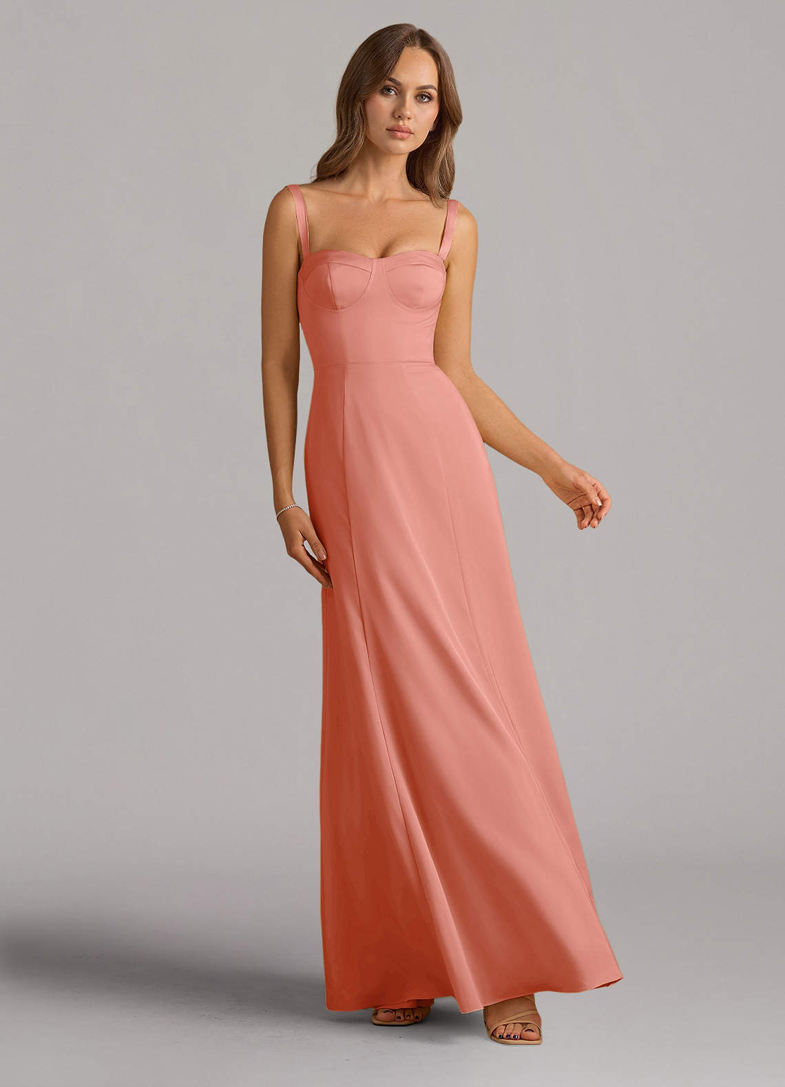 Azazie Amaris Bridesmaid Dresses Coral A-Line Corset Stretch Satin Dress image1