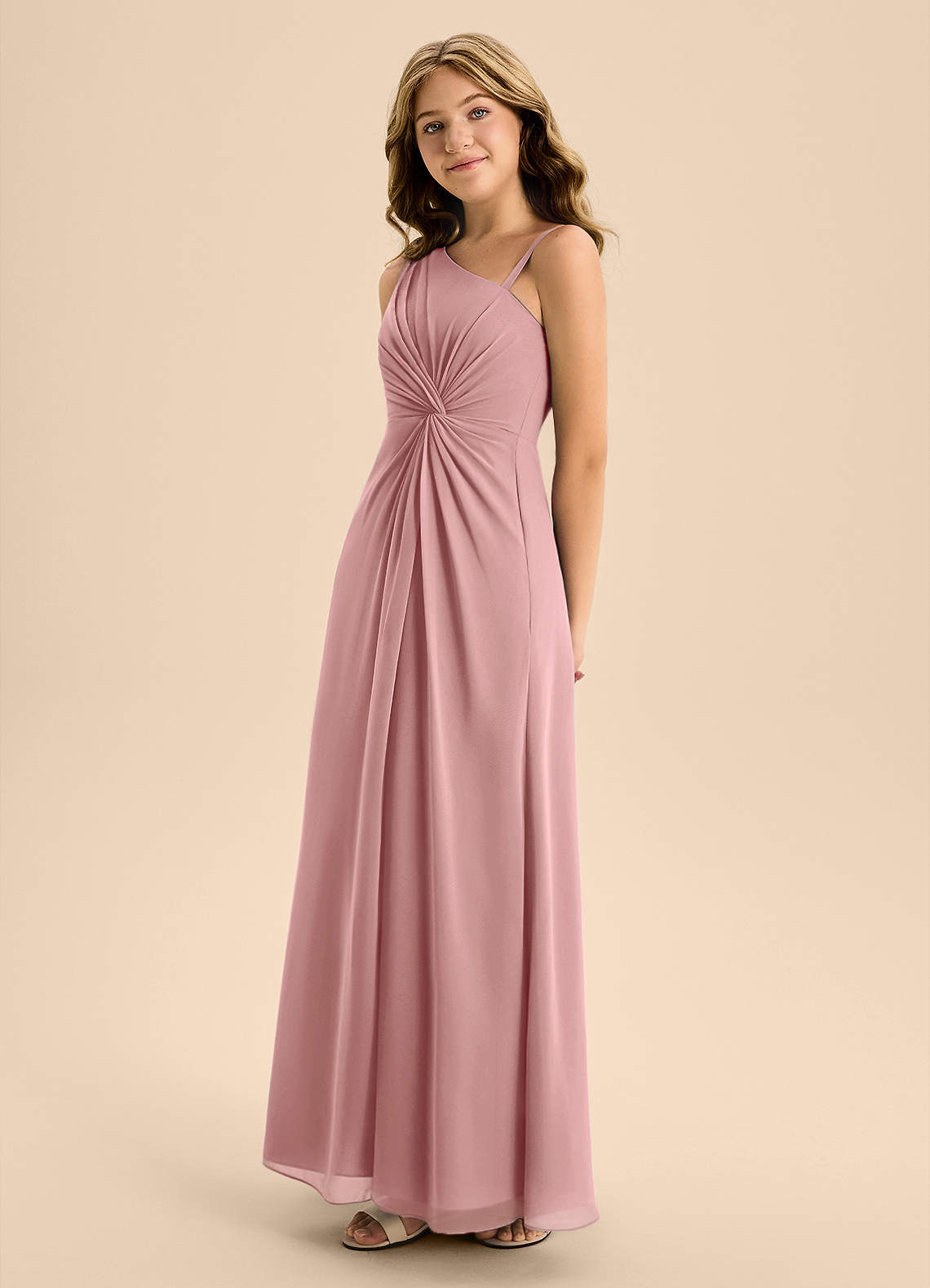 Azazie Brooke Junior Vestido de Rosa Polvorienta de Gasa de Corte en A con Corte Lateral image5