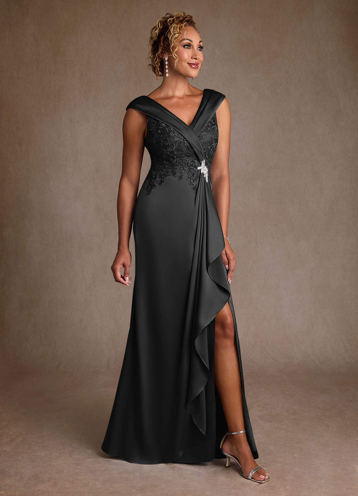 Azazie Santa Monica Mother of the Bride Dresses Black A-Line Lace Dress image1