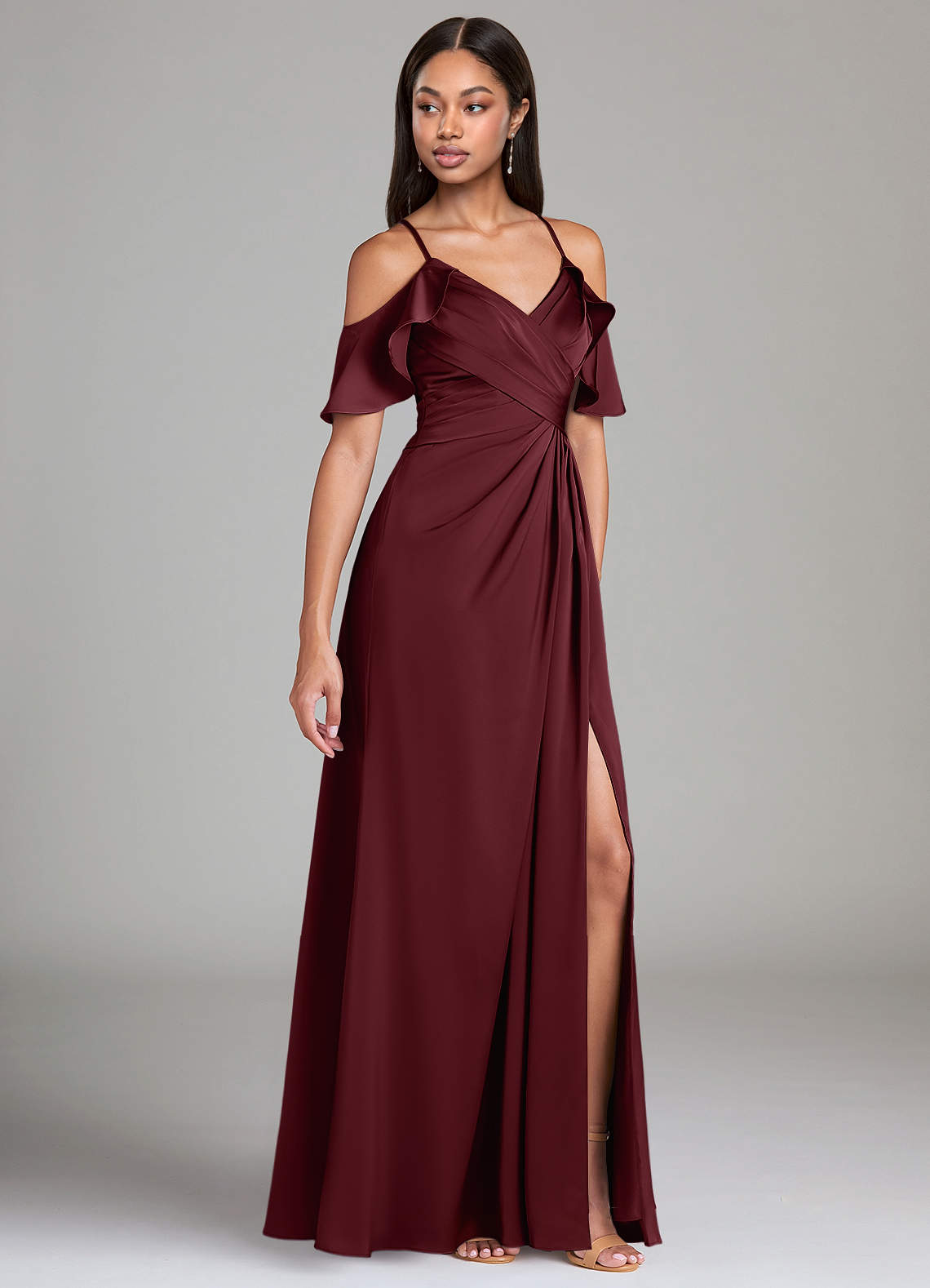 Azazie Dakota Bridesmaid Dresses Cabernet A-Line Off the Shoulder Stretch Satin Dress image1