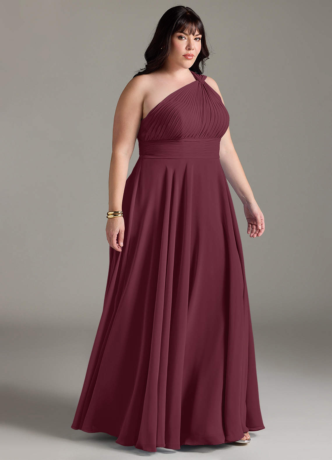 Azazie Charlize Vestidos de damas de honor Vestido de Cabernet de Gasa de Corte en A con Hombro unilateral image9