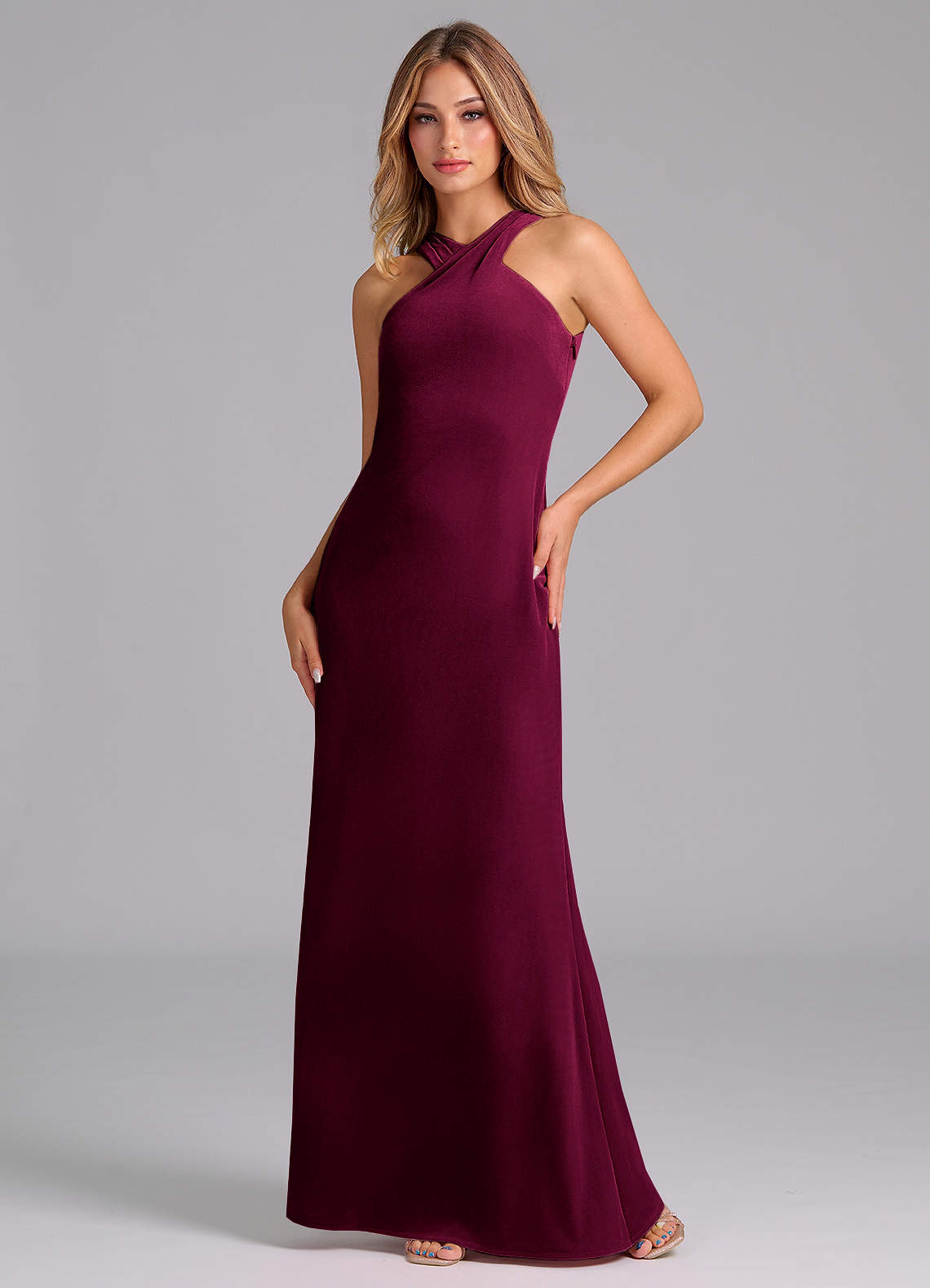 Azazie Doretta Vestidos de damas de honor Vestido de Cabernet de terciopelo de Corte Sirena con Plisado image1