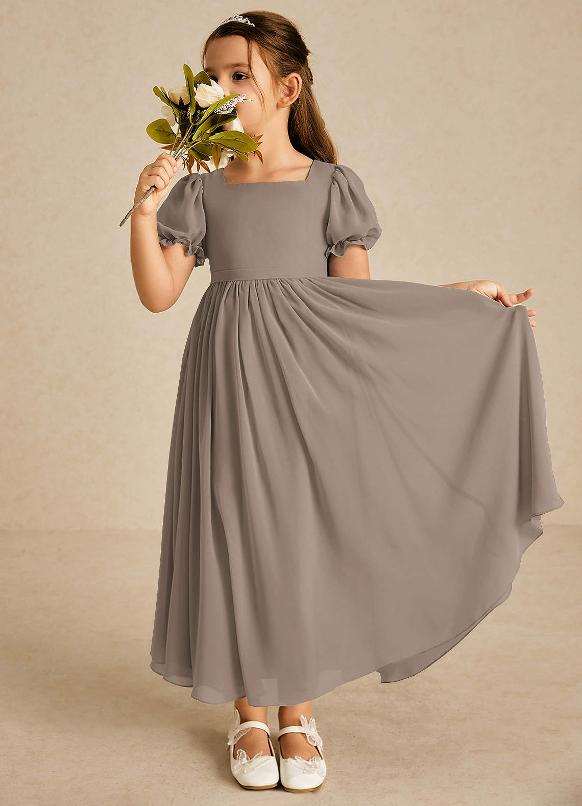 Azazie Joss Flower Girl Dresses Taupe A-Line with Sleeves Chiffon Dress image1