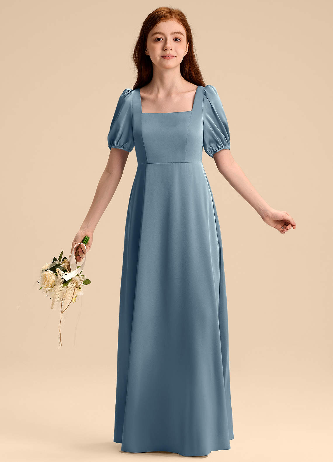 Azazie Briar Junior Robe Trapèze en Satin extensible Arc Bleu Poussiéreux image4