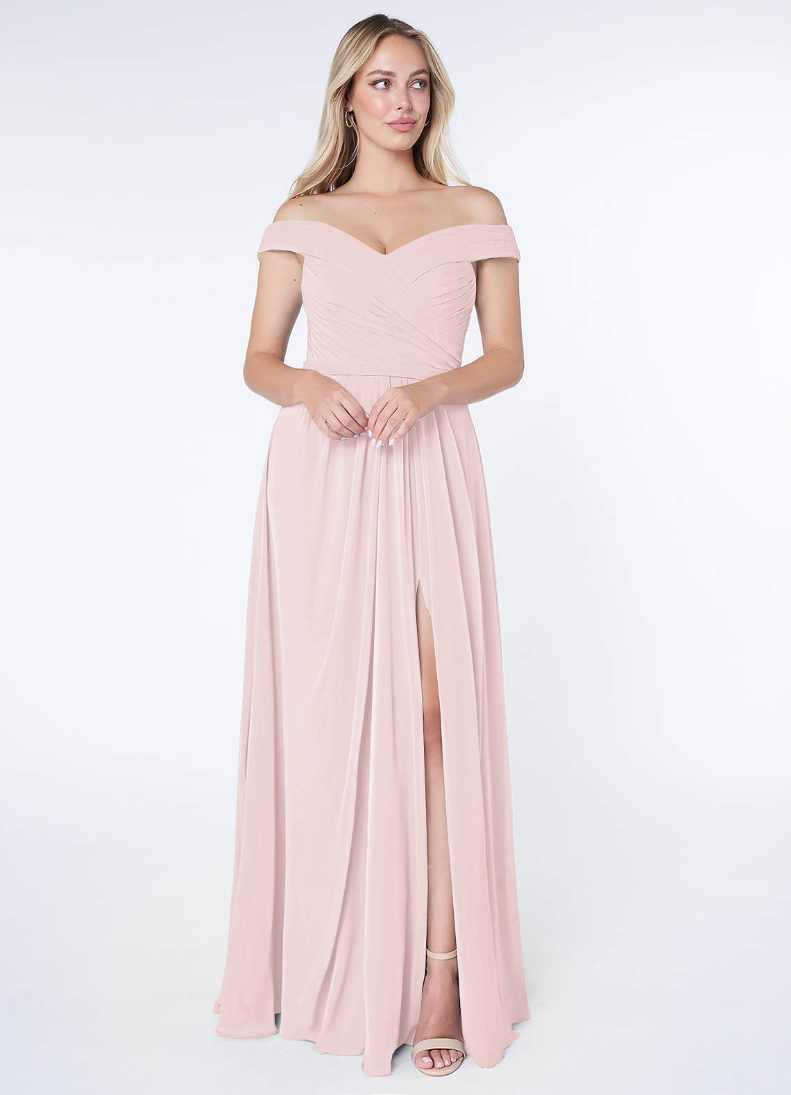 Azazie Audrianna Bridesmaid Dresses Blushing Pink A-Line Off-The-Shoulder Gathered Chiffon Convertible Dress image1