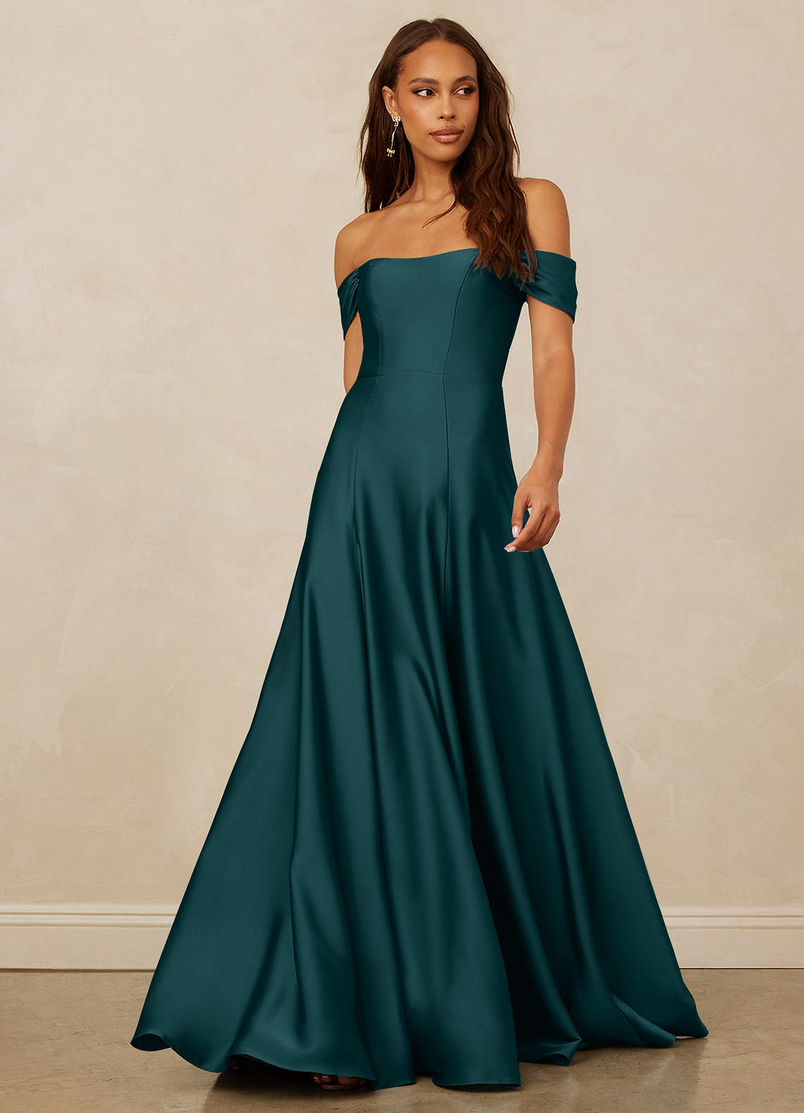 Christian Siriano Bridal for Azazie 1002 Bridesmaid Dresses Pine A-Line Off the Shoulder Stretch Satin Convertible Dress image1