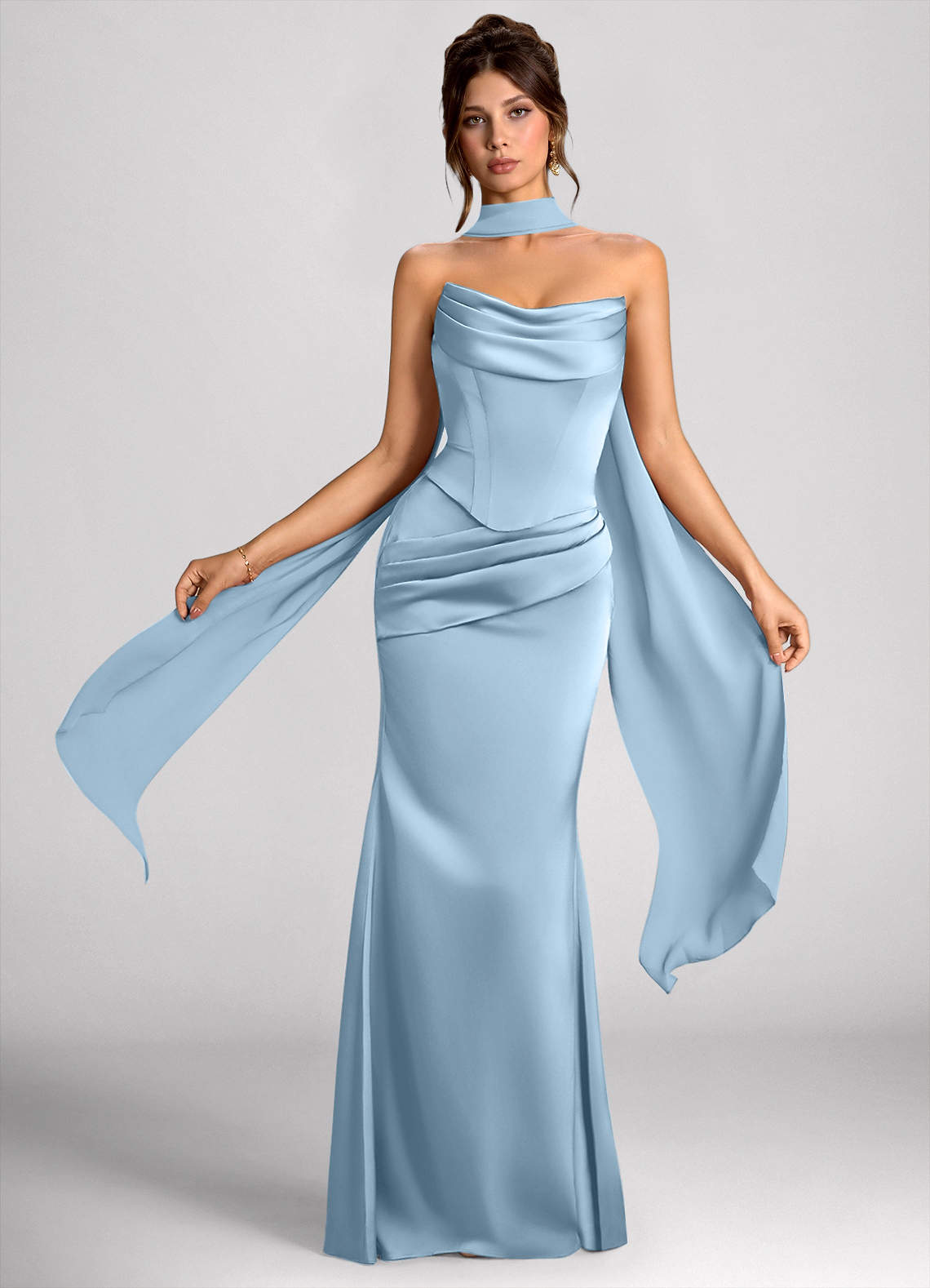 Calista Sky Blue Luminous Satin Maxi Dress | Azazie