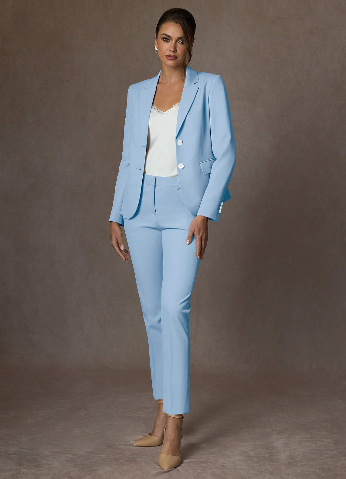 front Whitney Sky Blue Structured Stretch Full Length Pants Suit