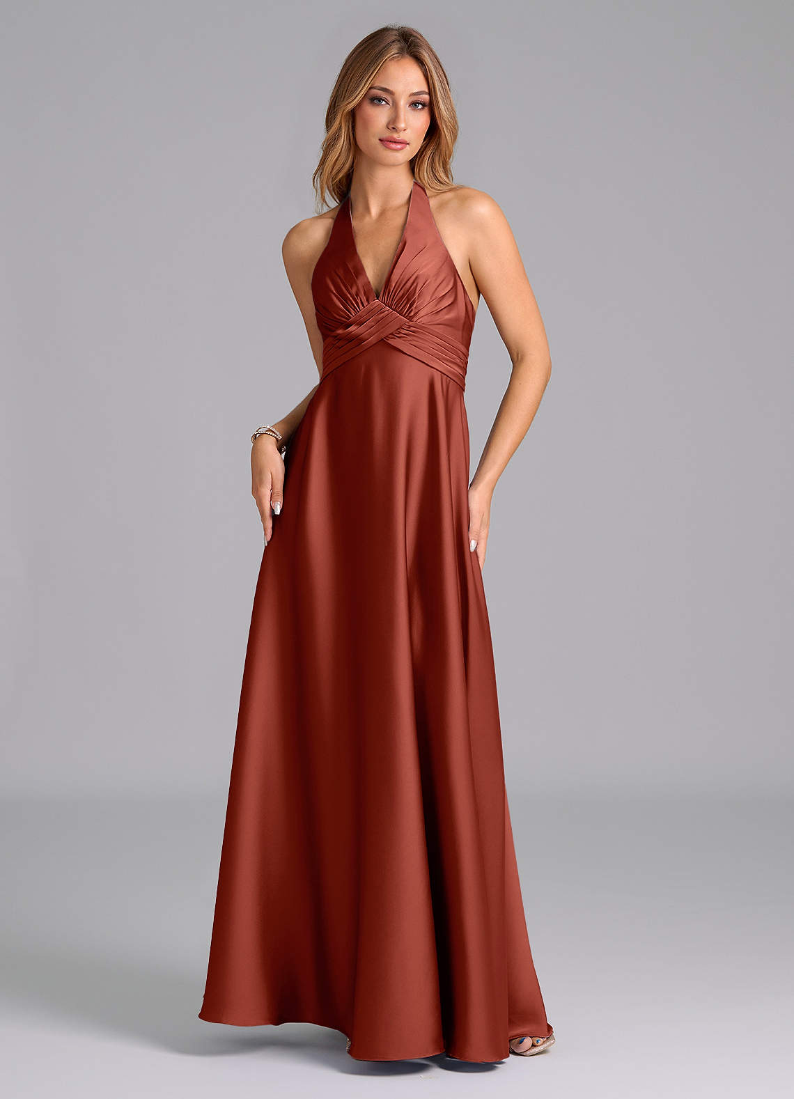 Azazie Tessie Vestidos de prueba en casa Vestido de Terracota de Satén Elástico de Línea A con Plisado image4