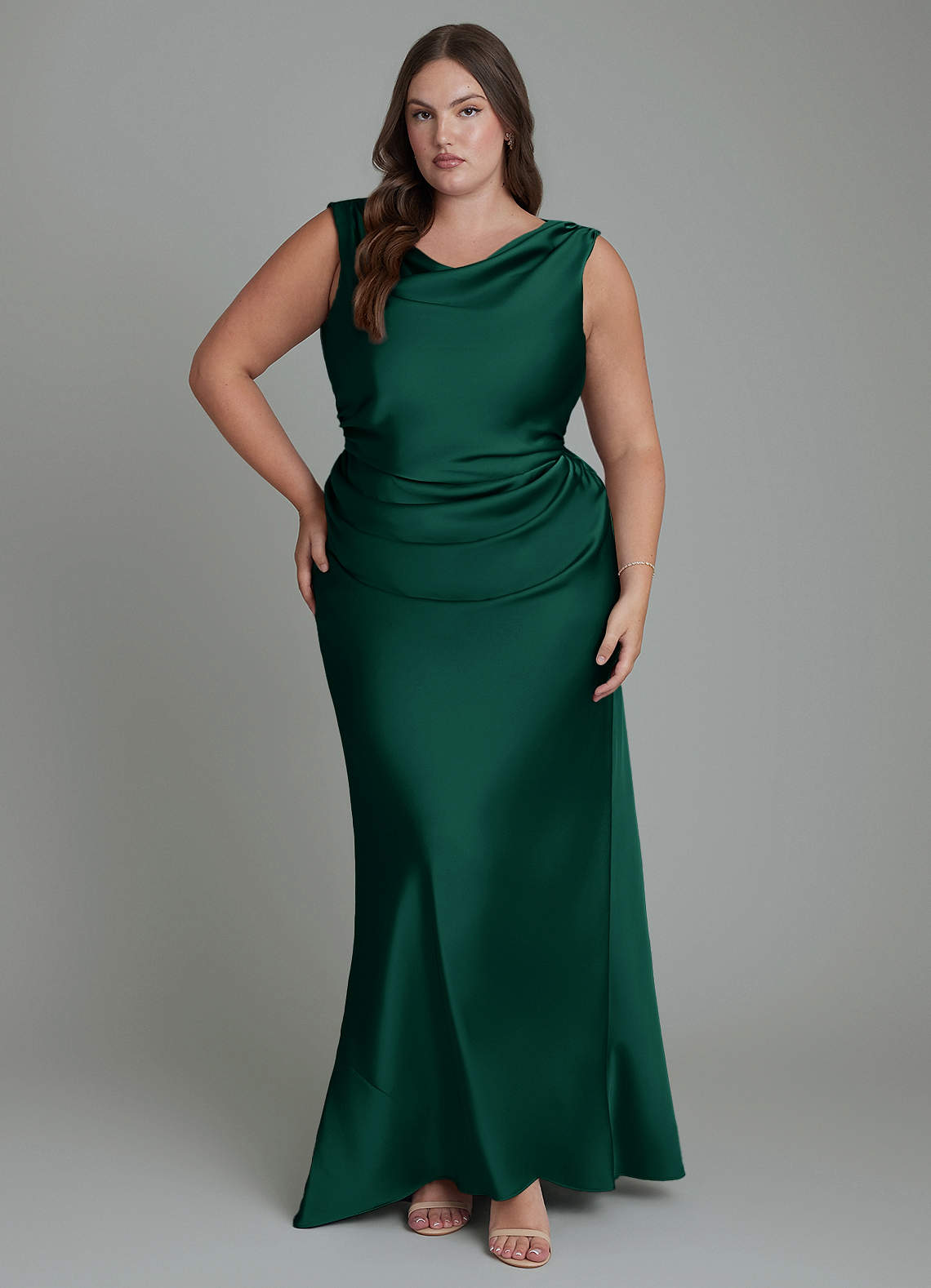 Azazie Kieryn Bridesmaid Dresses Emerald Mermaid Pleated Stretch Satin Dress image6