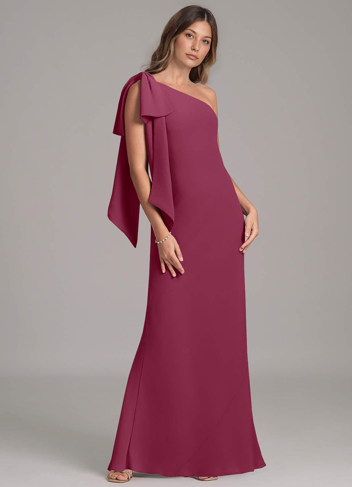 mulberry chiffon bridesmaid dress Azazie Capri line skirt defined by