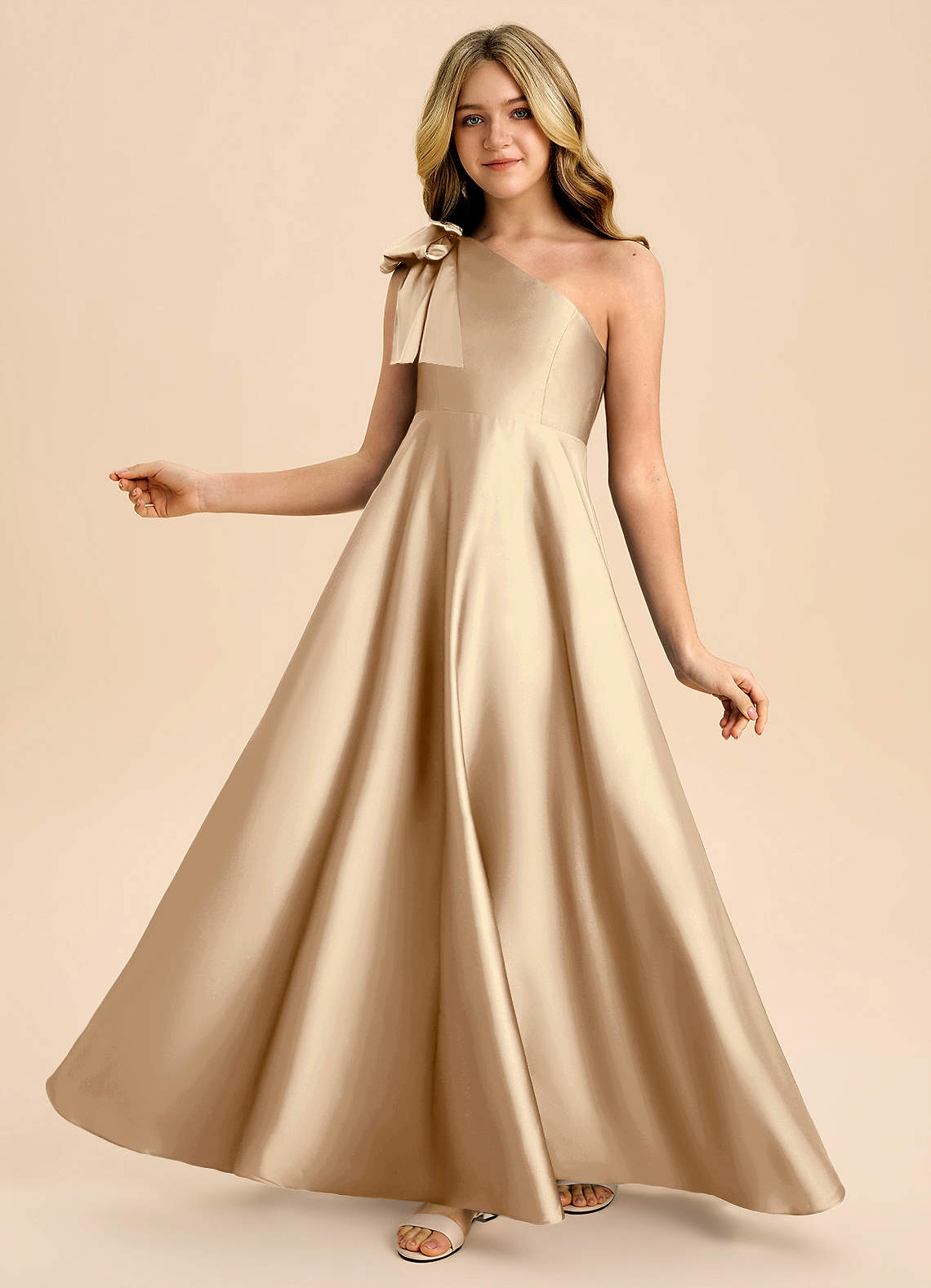 satin champagne junior bridesmaid dress Azazie Gumdrop Junior