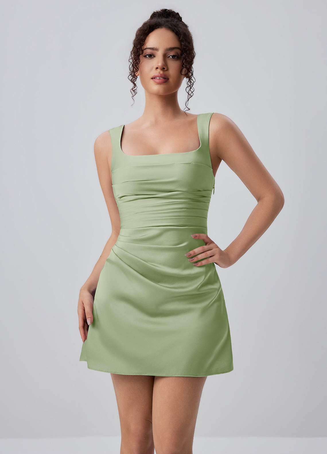 Isabeau Light Green Square Neck Satin Ruched Lace-Up Mini Dress