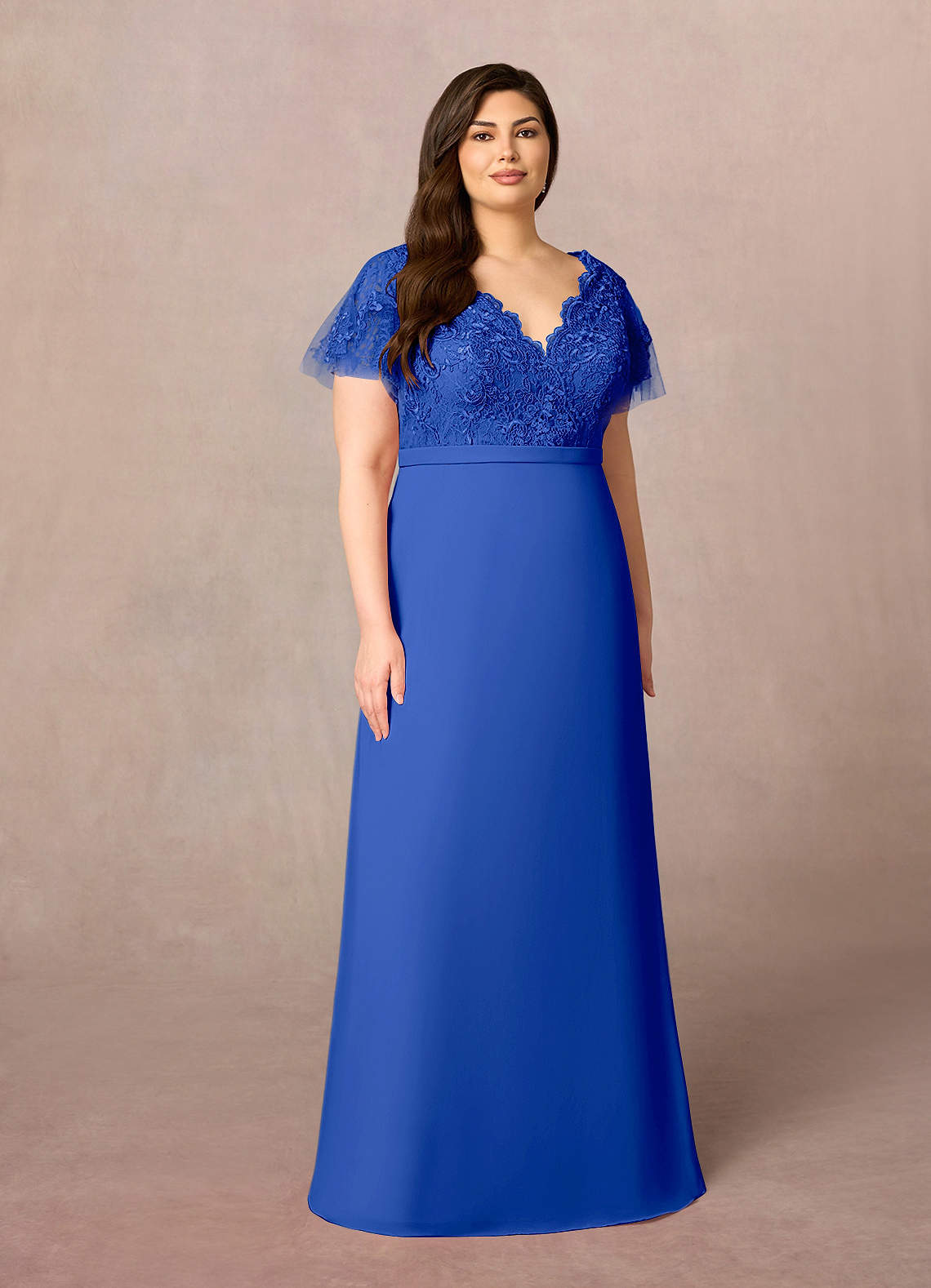 Azazie Singer Mère de la mariée Robes Robe Trapèze en Mousseline de soie Col V Dentelle Bleu Roi image1