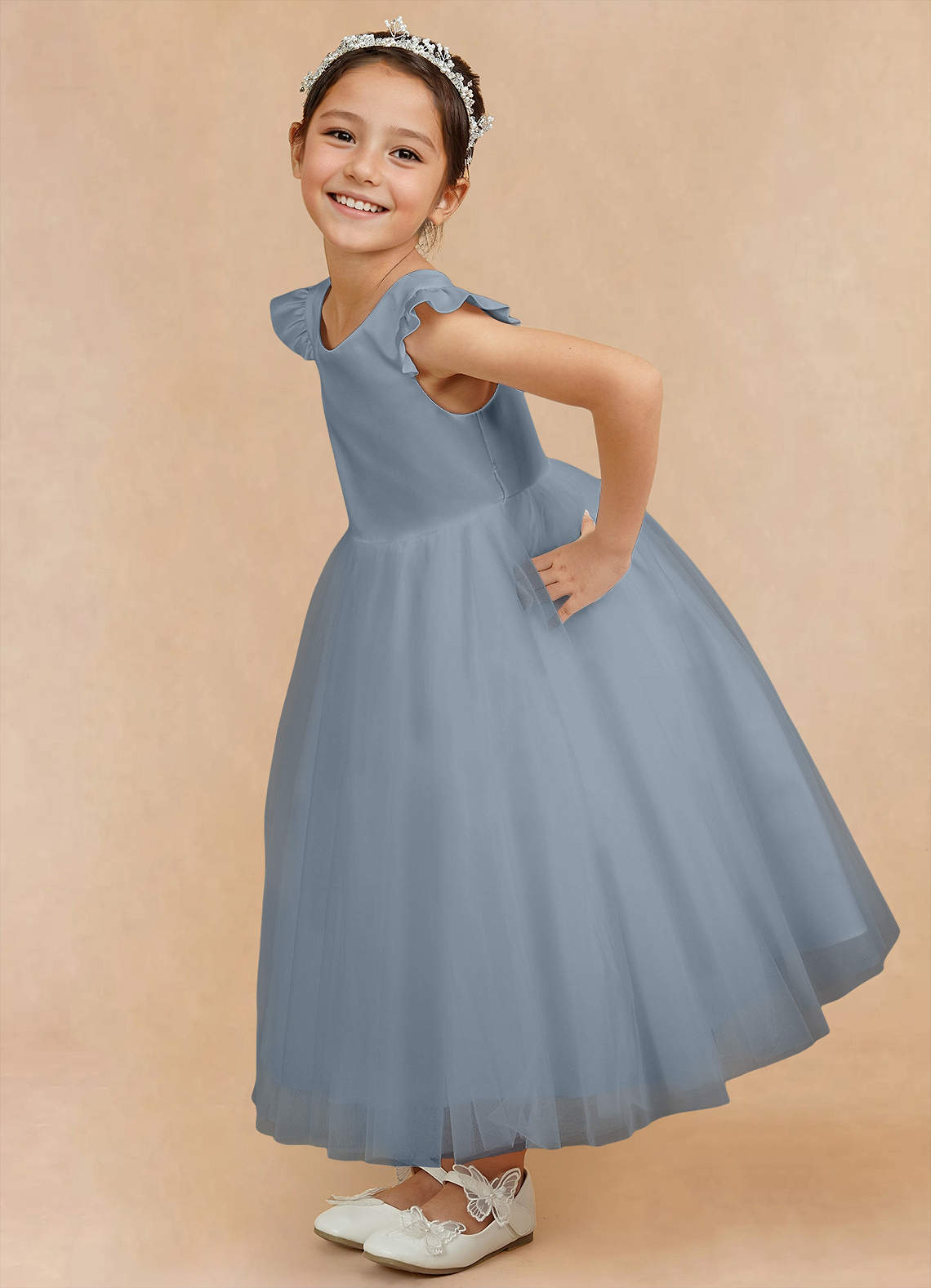 Azazie Hemi Flower Girl Dresses Dusty Blue A-Line Bow Tulle Dress image7