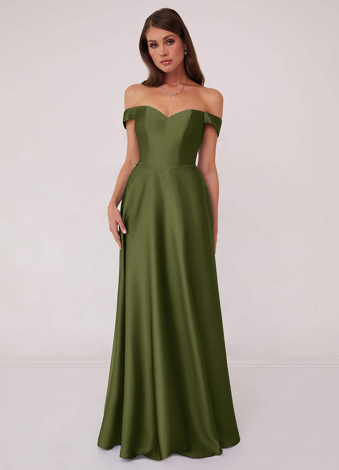 Barbie ♥ Azazie Bridesmaid Dresses Olive A-Line Off the Shoulder Stretch Satin Convertible Dress image1