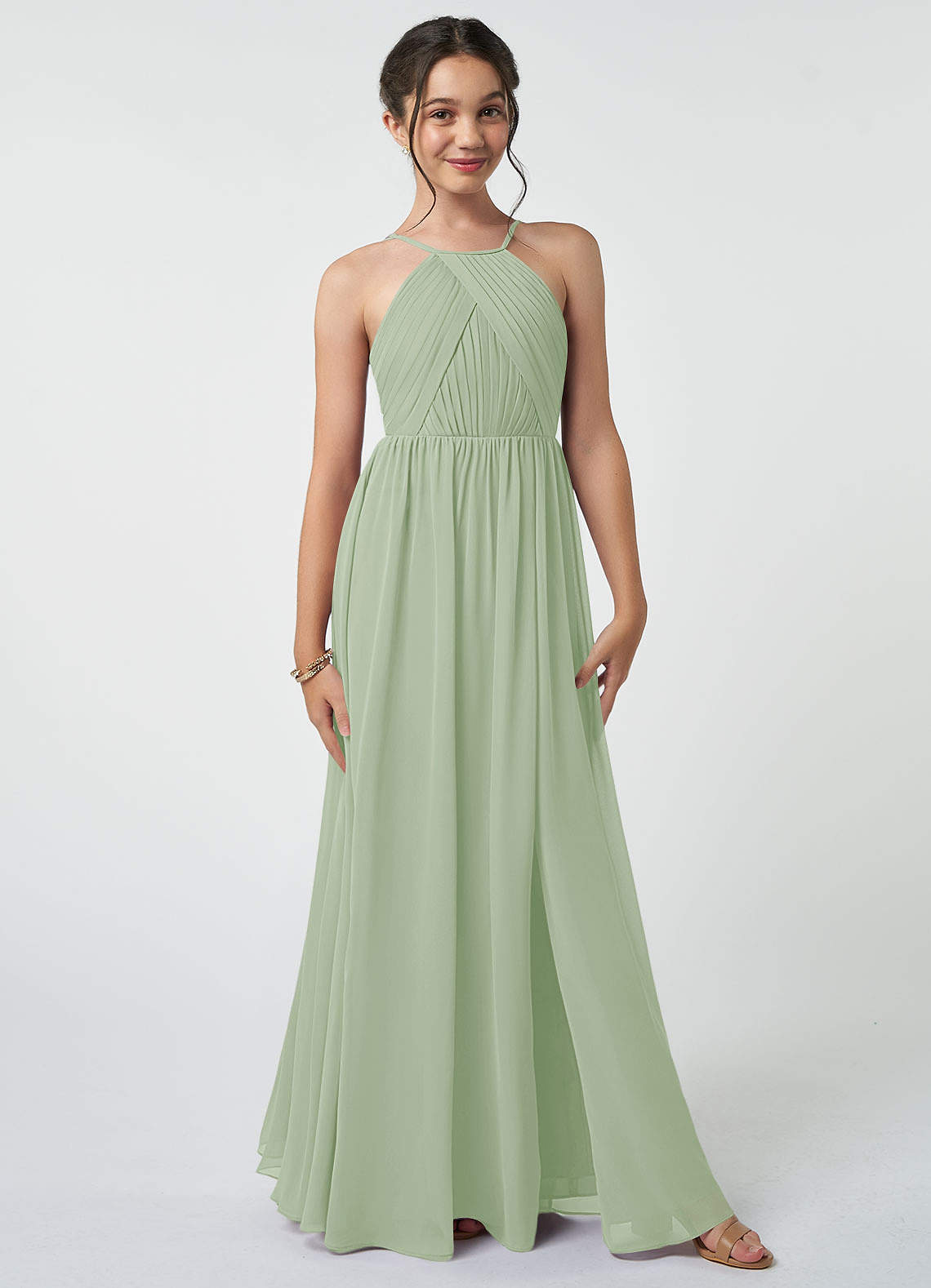 Azazie Leighton Junior Dusty Sage A-Line Pleated Chiffon Dress image1