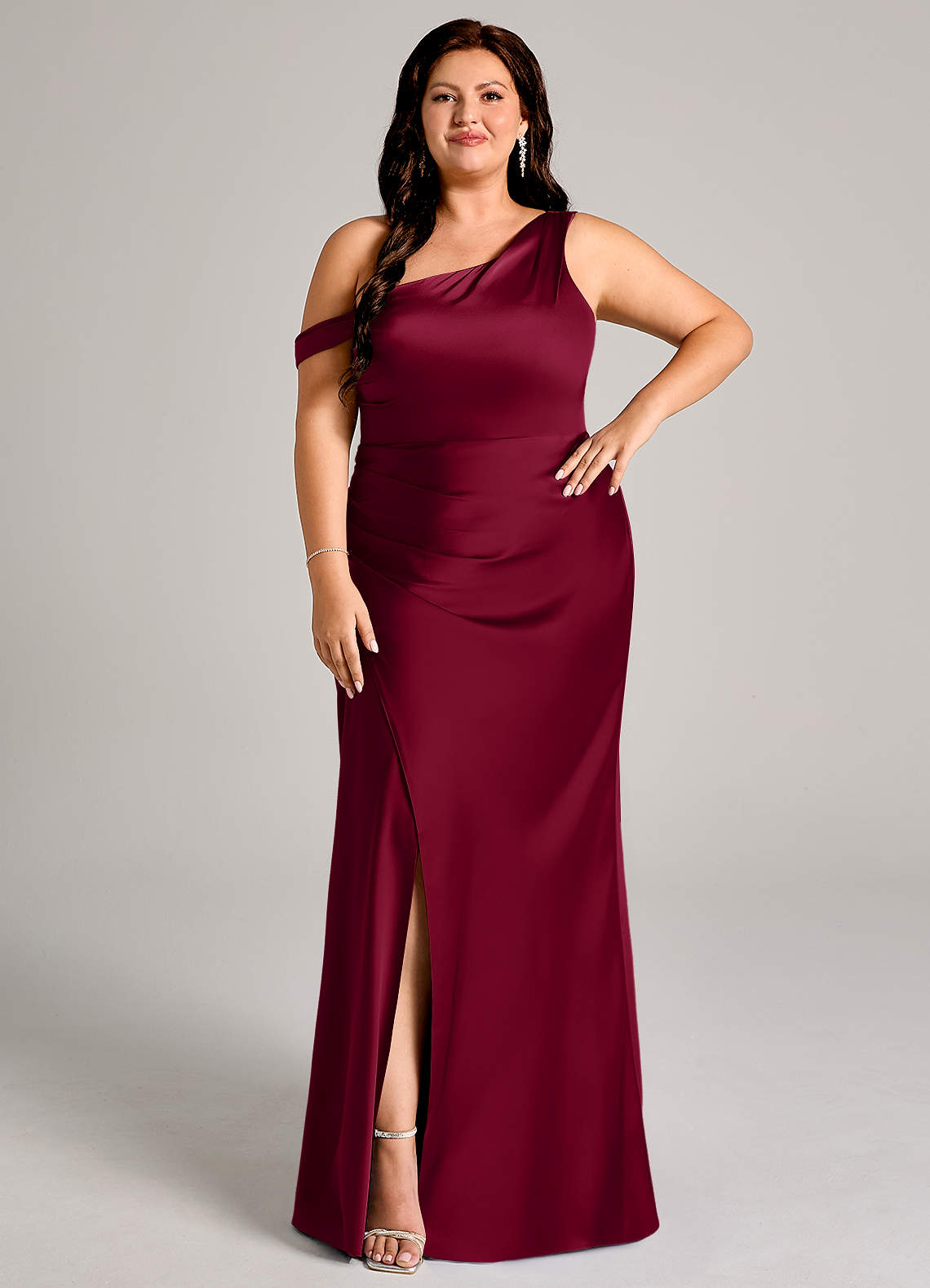 Azazie Madelyn Bridesmaid Dresses Burgundy Mermaid One Shoulder Stretch Satin Convertible Dress image1