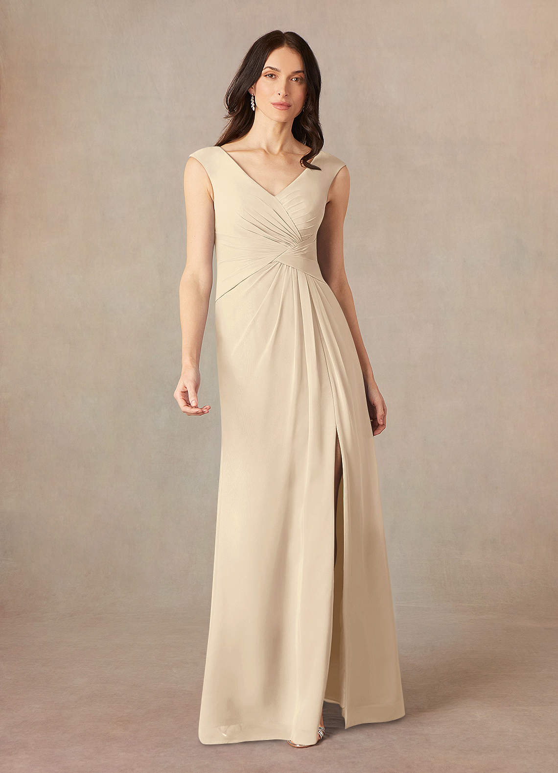 Azazie Sally Mother of the Bride Dresses Champagne A-Line V-Neck Pleated Chiffon Dress image1