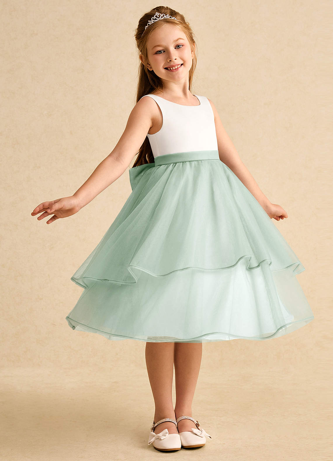 Azazie Rene Flower Girl Dresses Ivory Agave A-Line Bow Tulle Dress image1
