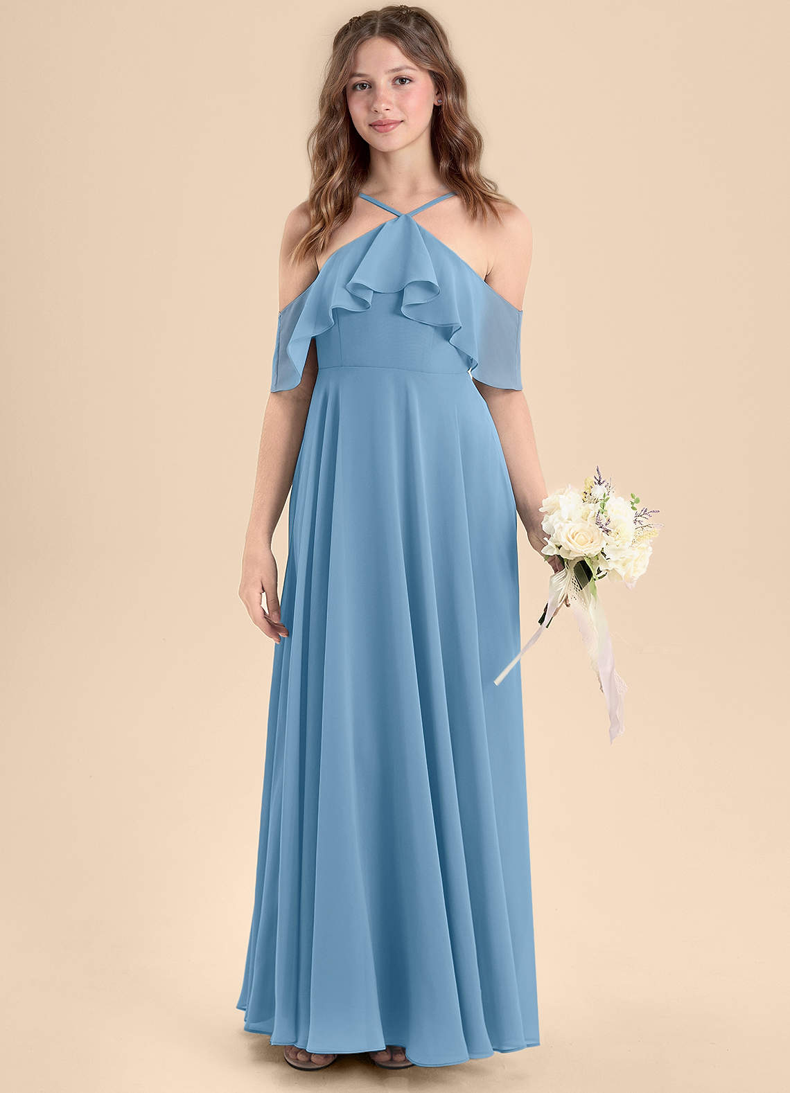 Azazie Tessabelle Junior Vestido de Azul Acero de Gasa de Corte en A con Vestidos sin tirantes image3