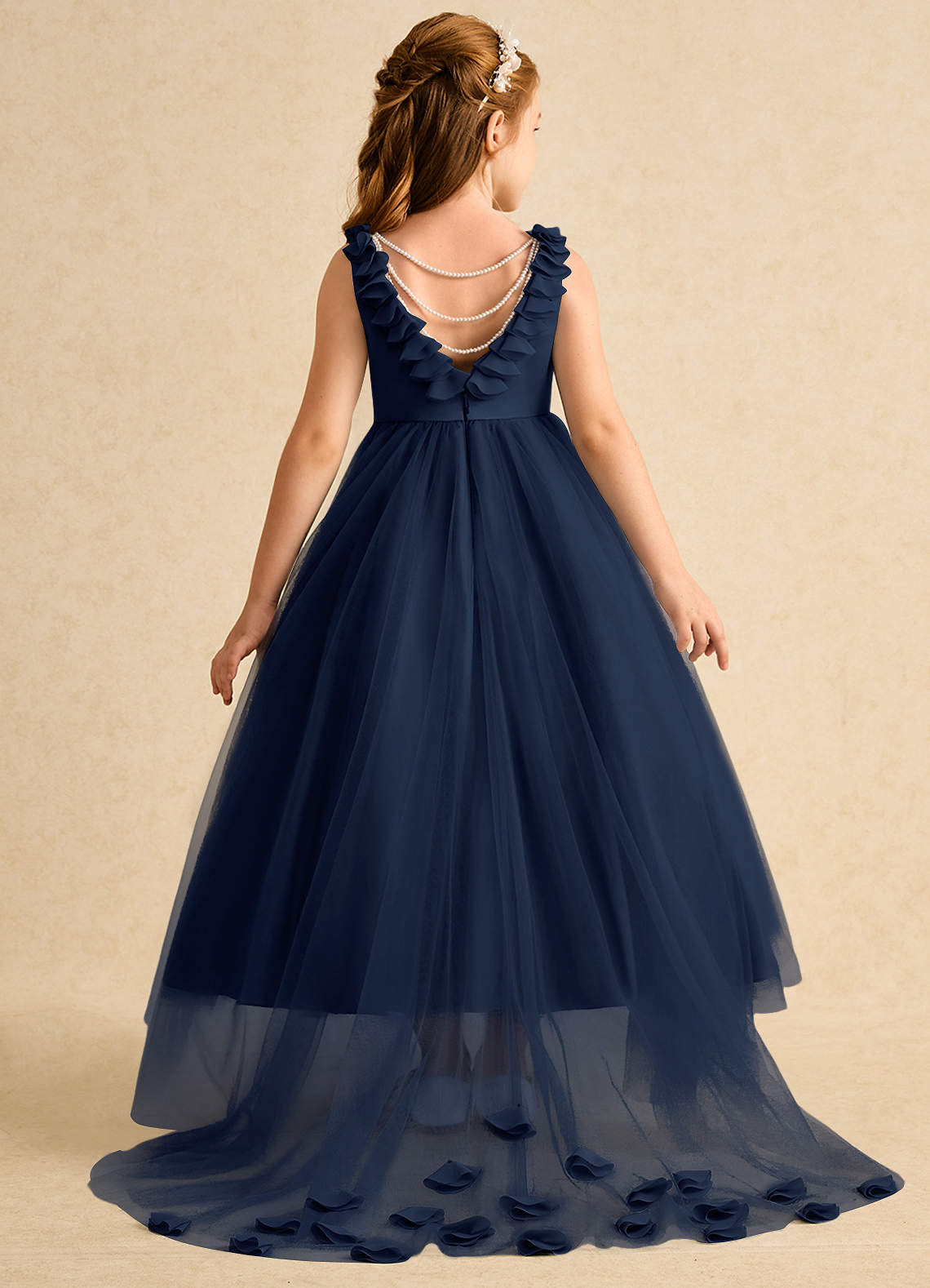 Azazie Lorita Blumenmädchenkleider A-Linie Mit Perlen Tüll Kleid Dunkelmarine image1
