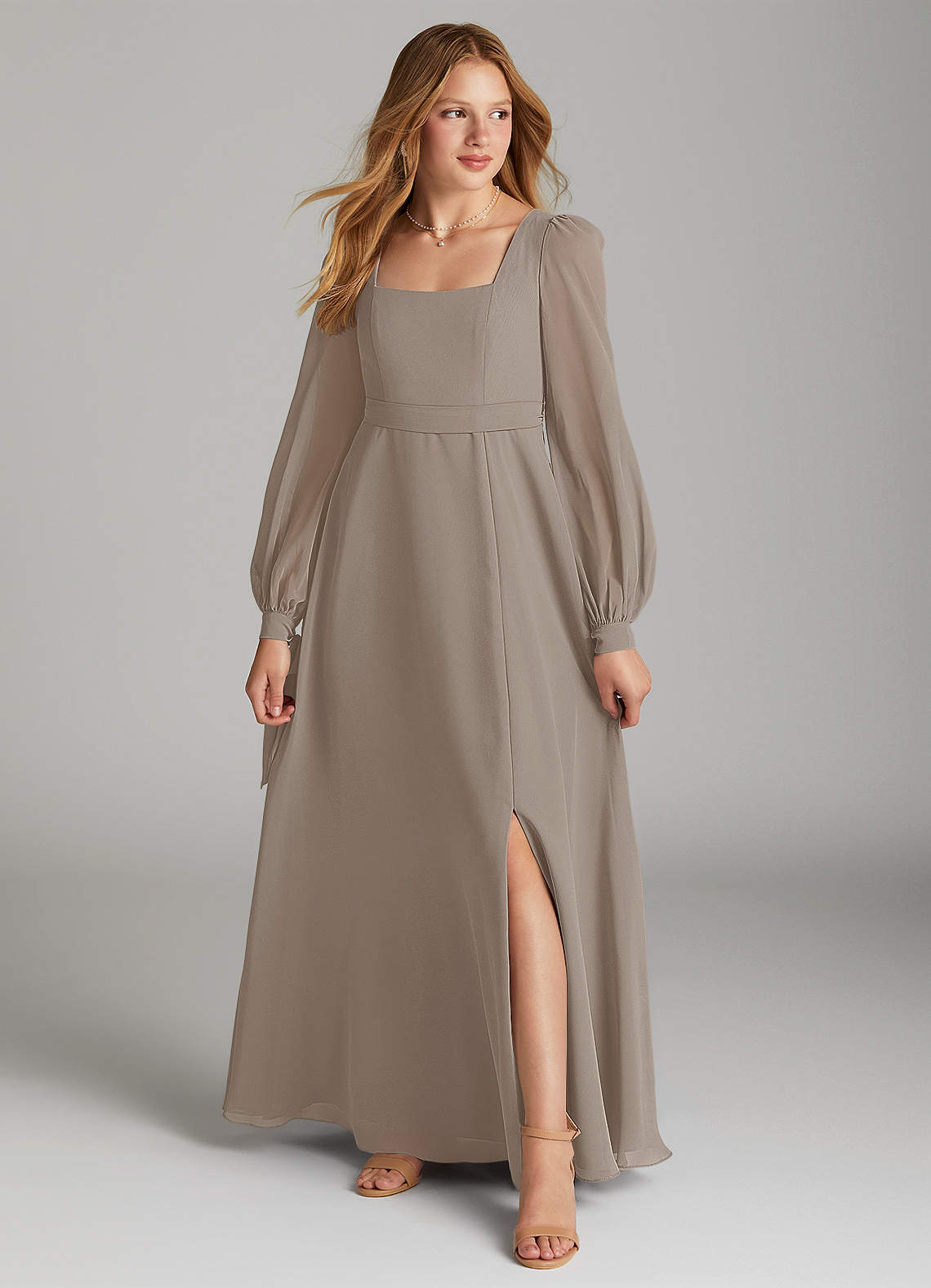 Azazie Leonia Junior Taupe A-Line with Pockets Chiffon Dress image1