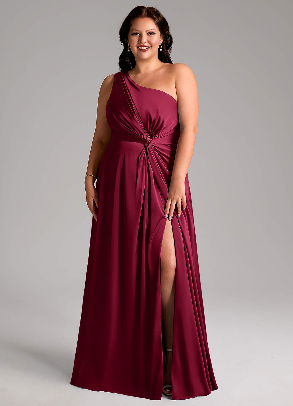 Azazie Brooke Bridesmaid Dresses Burgundy A-Line One Shoulder Stretch Satin Dress image1