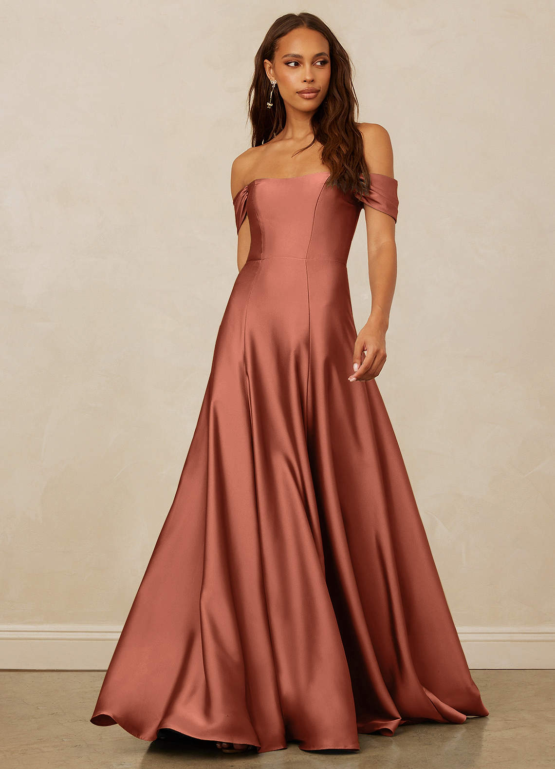 Christian Siriano Bridal for Azazie 1002 Bridesmaid Dresses Clay A-Line Off the Shoulder Stretch Satin Convertible Dress image1